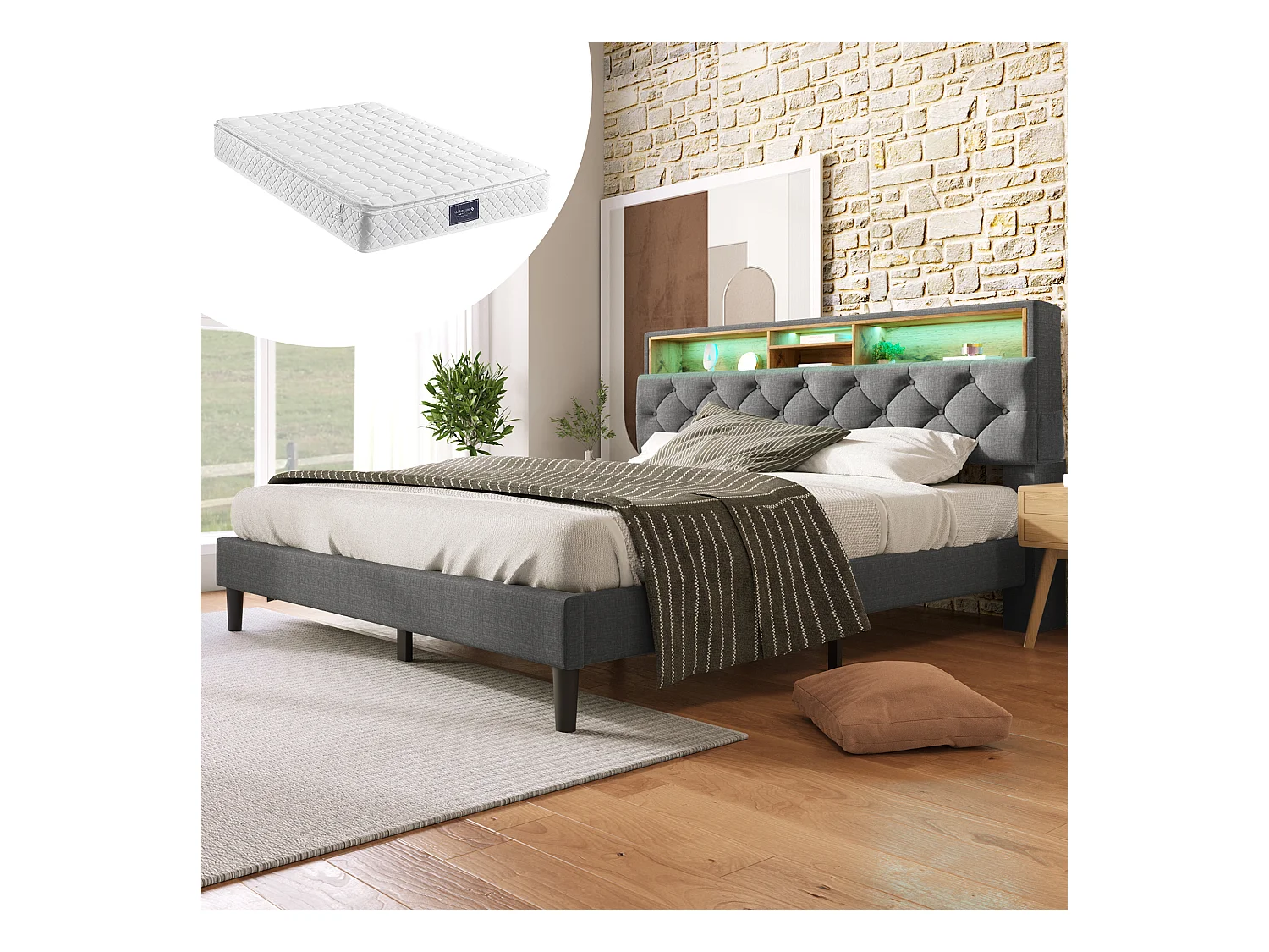 Lit double avec rangement, tête de lit LED, sommier bois, PU gris (214x149x107cm)