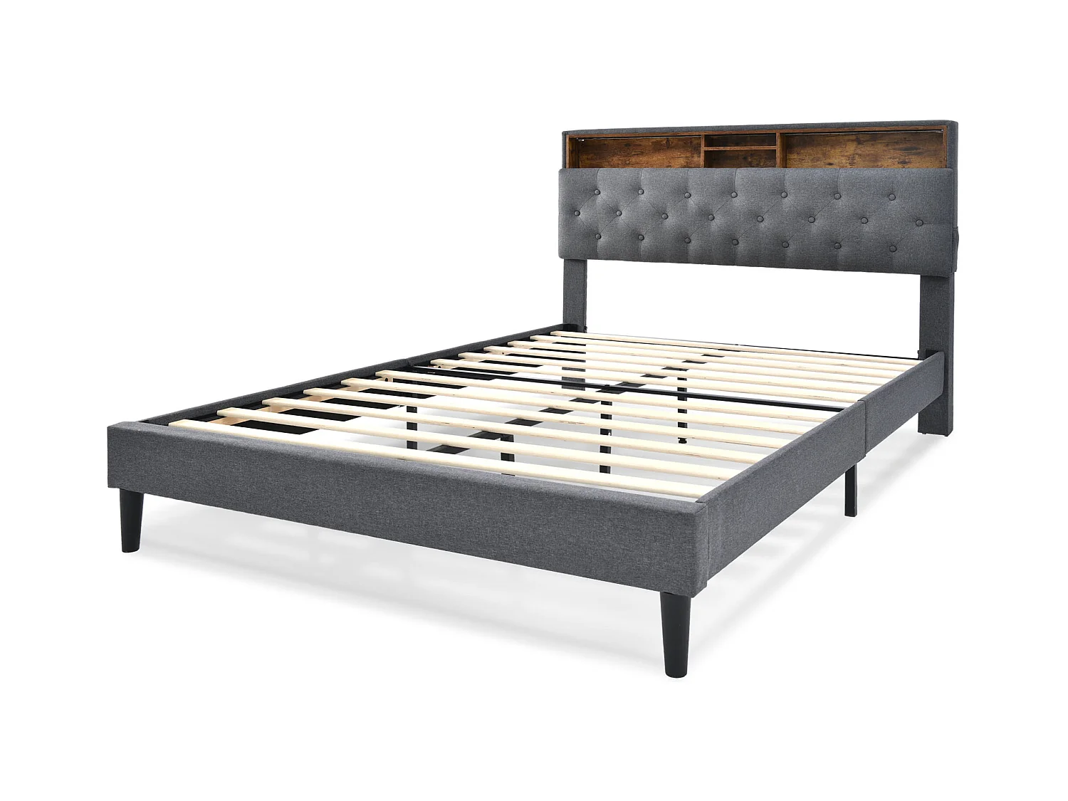 Lit double avec rangement, tête de lit LED, sommier bois, PU gris (214x149x107cm)