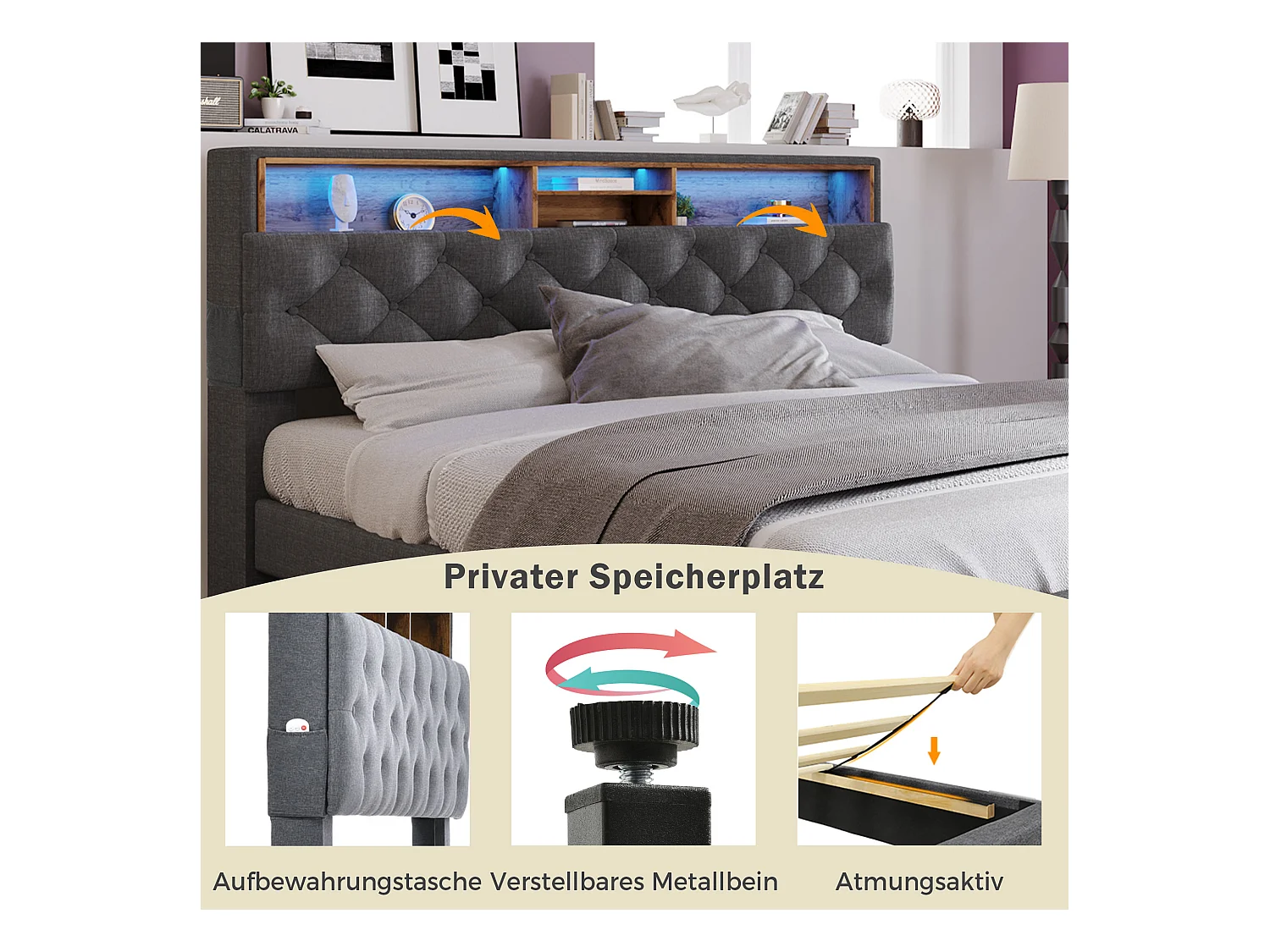 Lit double avec rangement, tête de lit LED, sommier bois, PU gris (214x149x107cm)