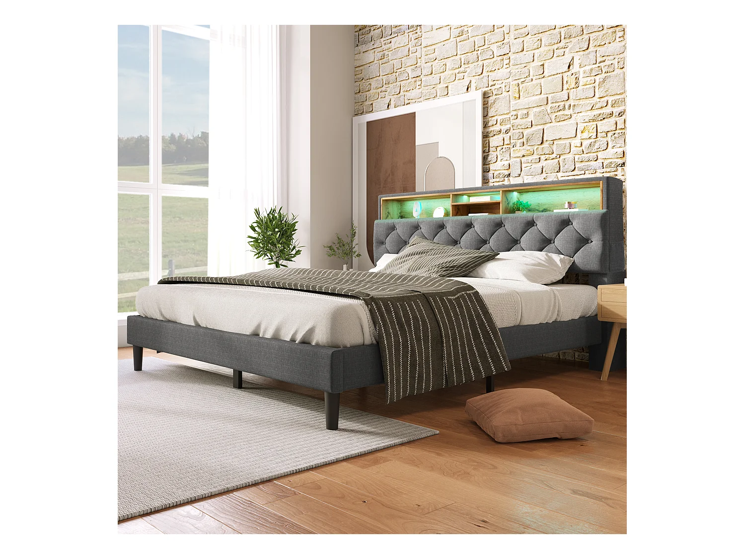 Lit double avec rangement, tête de lit LED, sommier bois, PU gris (214x149x107cm)