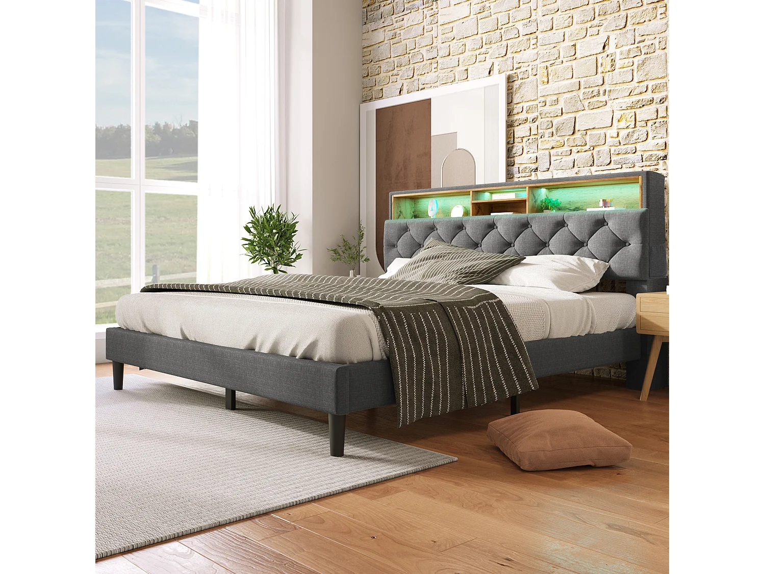 Lit double avec rangement, tête de lit LED, sommier bois, PU gris (214x149x107cm)