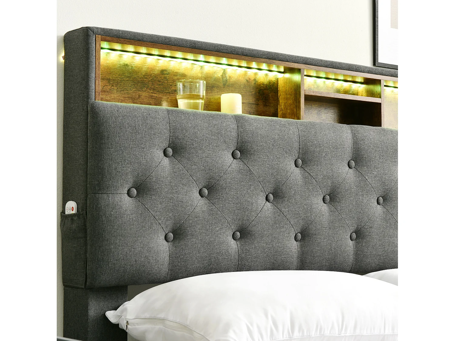 Lit double avec rangement, tête de lit LED, sommier bois, PU gris (214x149x107cm)