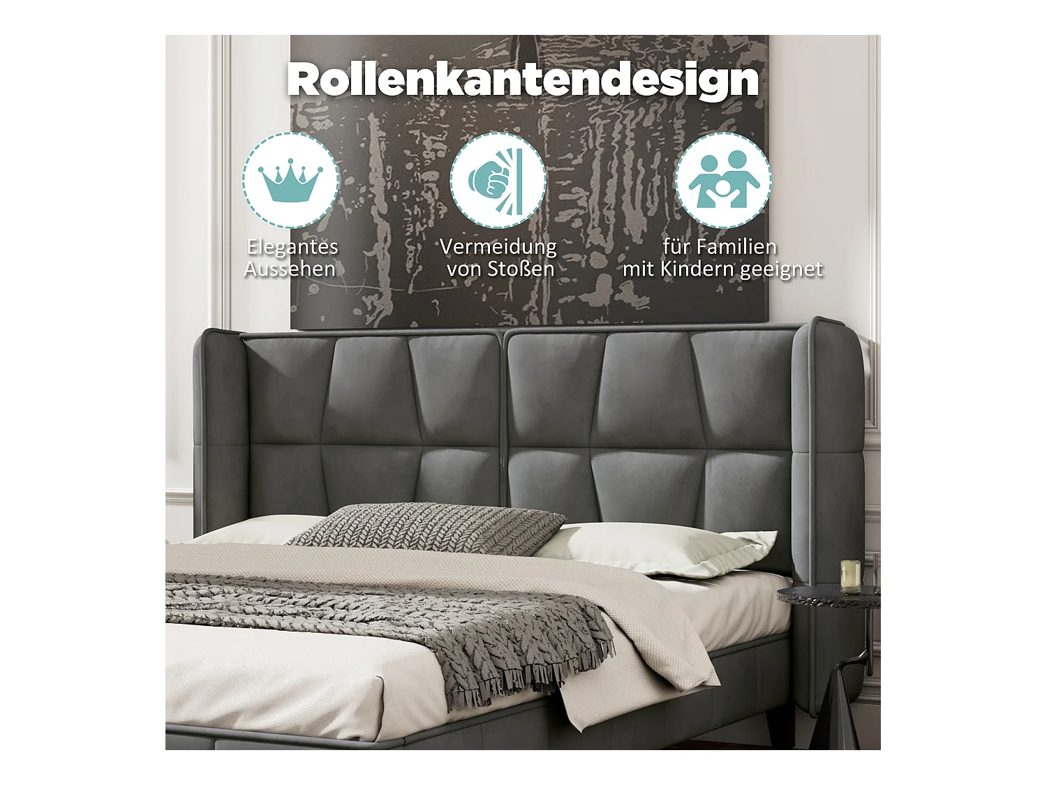 Lit avec tête de lit réglable, 140x200 cm, avec sommier à lattes, design moderne, velours, gris