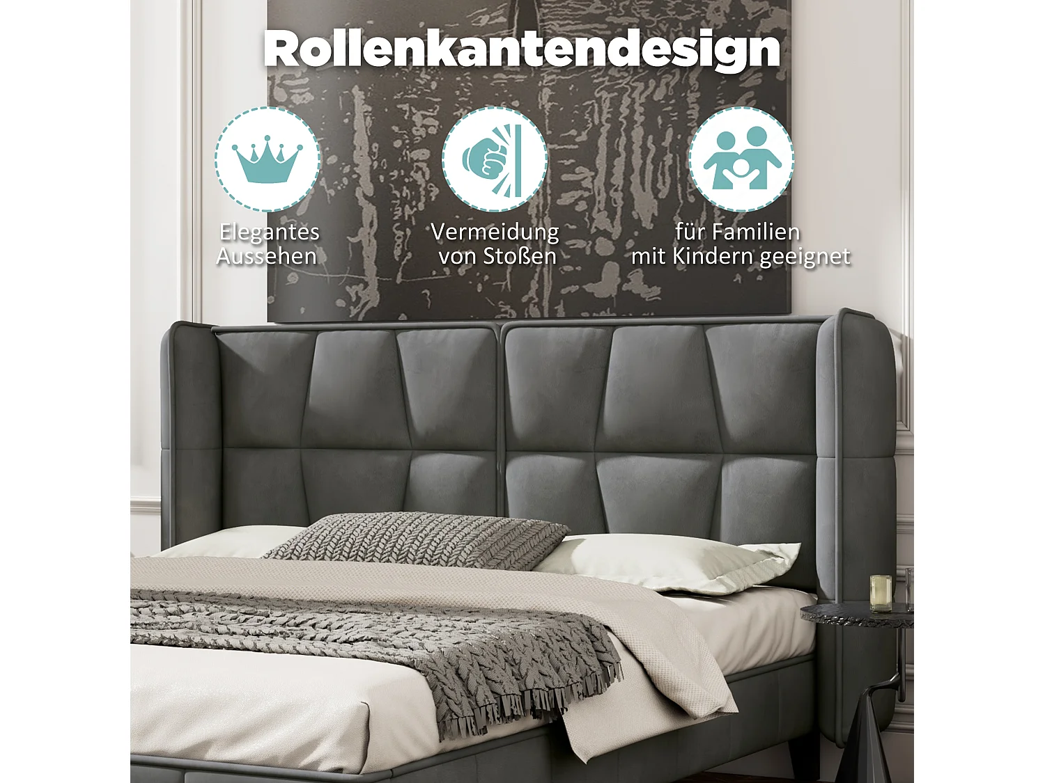 Lit avec tête de lit réglable, 140x200 cm, avec sommier à lattes, design moderne, velours, gris