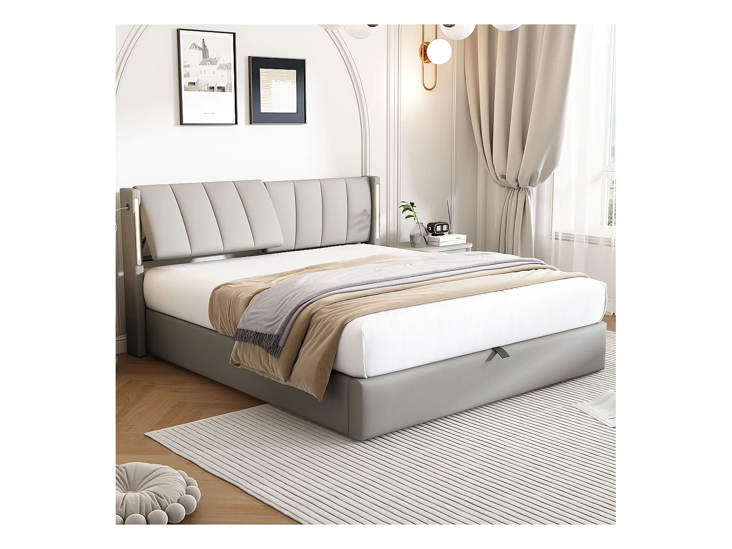 Binaural LED-bed 160x200 cm met verstelbaar hoofdeinde, USB-oplaadbaar, LED-verlichting, opbergruimte, hydraulisch, grijs PU (160x200x103 cm) ### Productdetails: