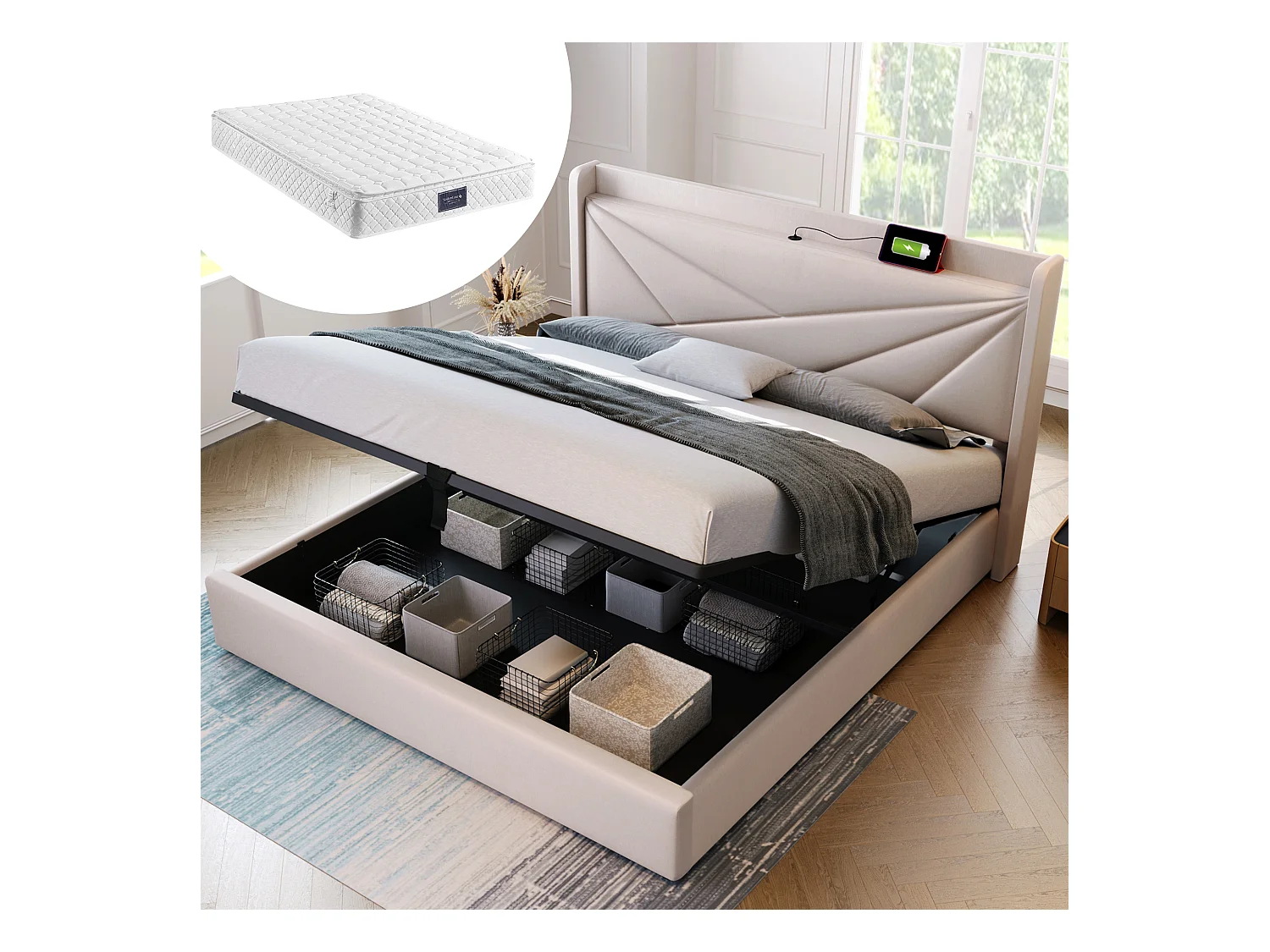 Letto imbottito con ricarica USB, LED, 4 cassetti, lino in cotone, beige (166x208x107cm)