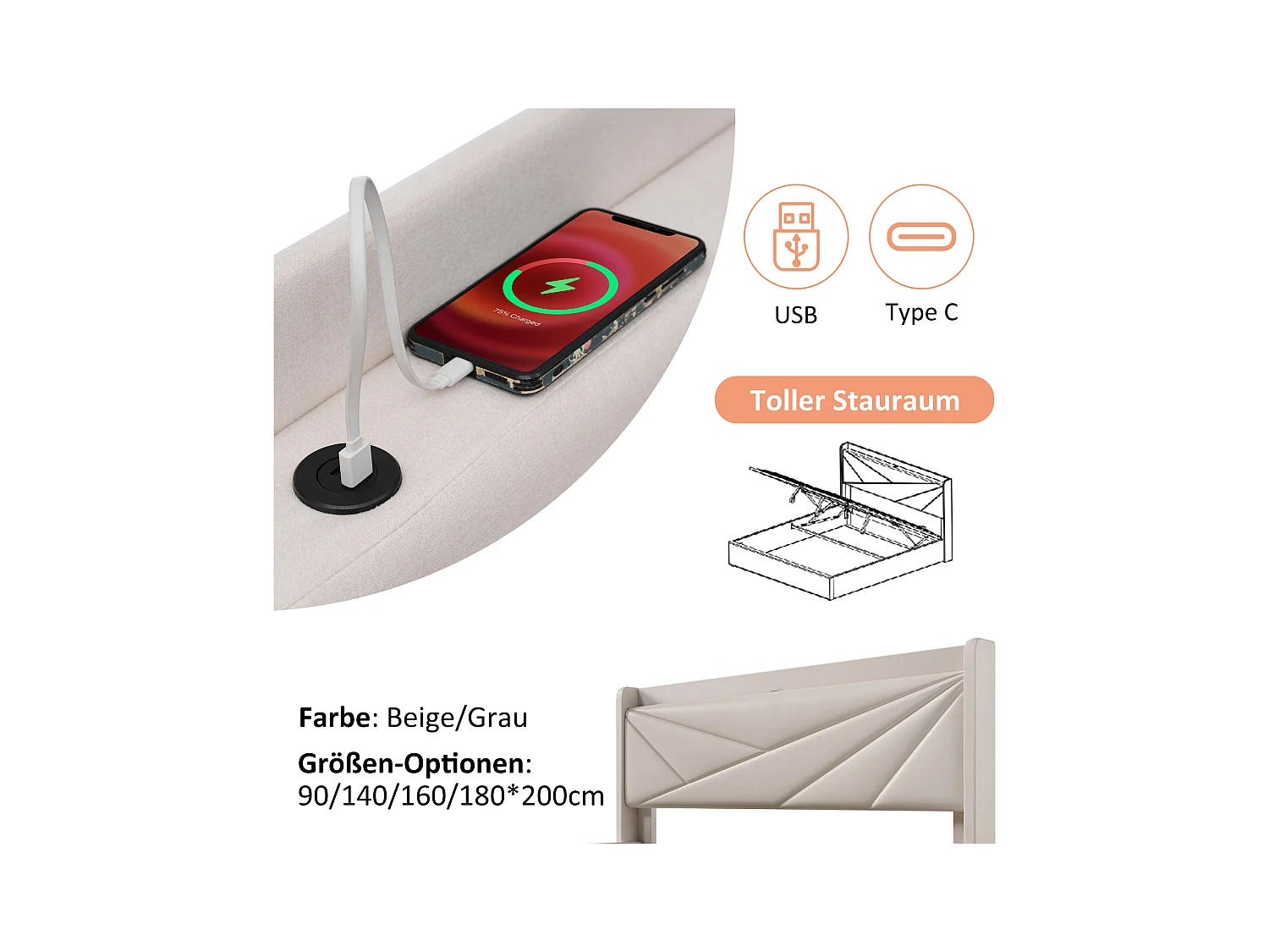 Letto imbottito con ricarica USB, LED, 4 cassetti, lino in cotone, beige (166x208x107cm)