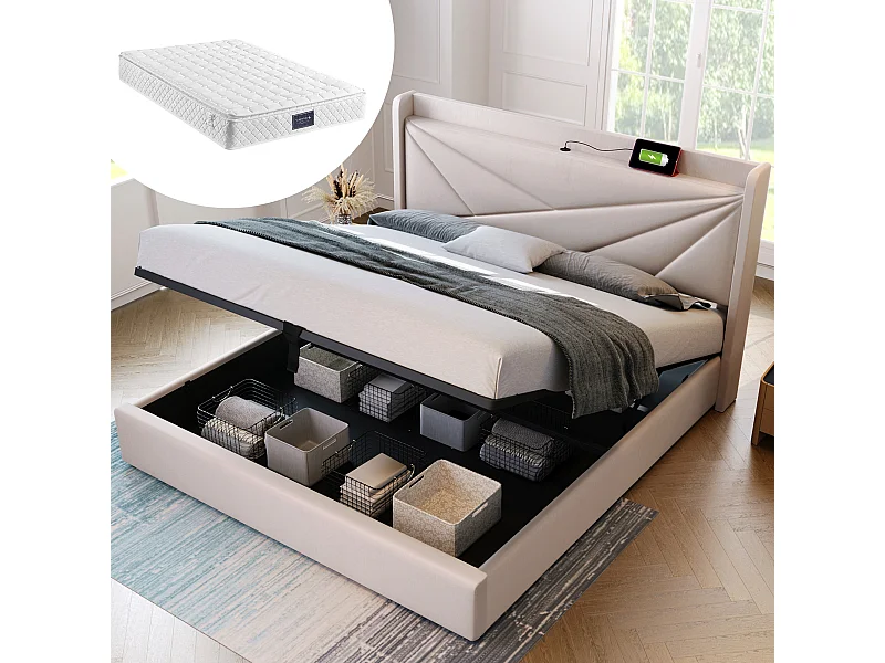 Letto imbottito con ricarica USB, LED, 4 cassetti, lino in cotone, beige (166x208x107cm)
