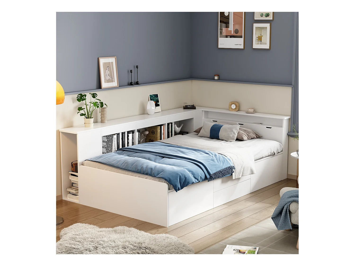 Lit pour enfant, 90x200cm, multifonctionnel avec tiroirs, étagères et coffre de rangement, blanc (Dimensions : 205 x 95 x 161.5 cm)