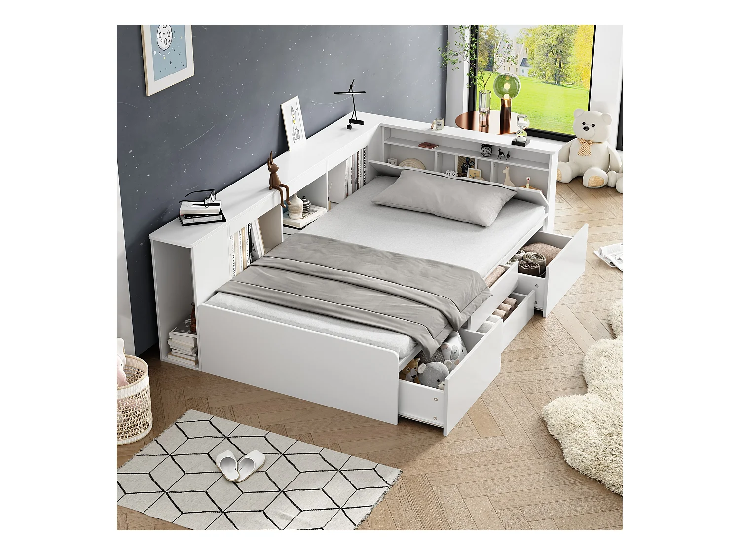 Lit pour enfant, 90x200cm, multifonctionnel avec tiroirs, étagères et coffre de rangement, blanc (Dimensions : 205 x 95 x 161.5 cm)