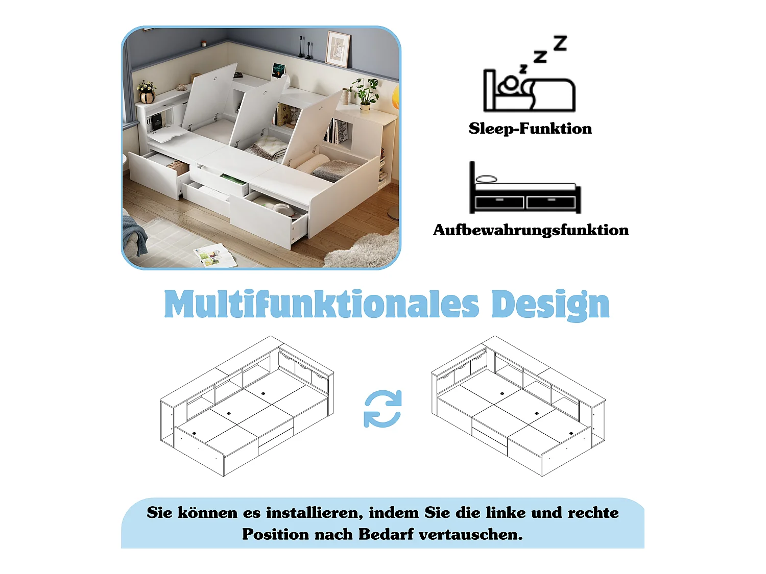 Lit pour enfant, 90x200cm, multifonctionnel avec tiroirs, étagères et coffre de rangement, blanc (Dimensions : 205 x 95 x 161.5 cm)