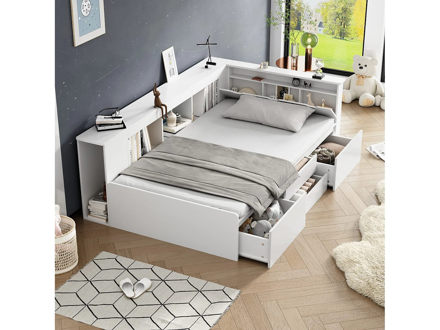 Lit pour enfant, 90x200cm, multifonctionnel avec tiroirs, étagères et coffre de rangement, blanc (Dimensions : 205 x 95 x 161.5 cm)