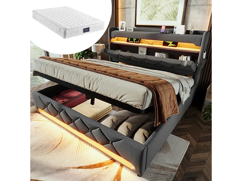 Bed met opbergruimte 160x200 cm, USB en Type-C hoofdeinde, 360° LED, hydraulisch, houten onderstel, grijs linnen (255x166x111 cm)