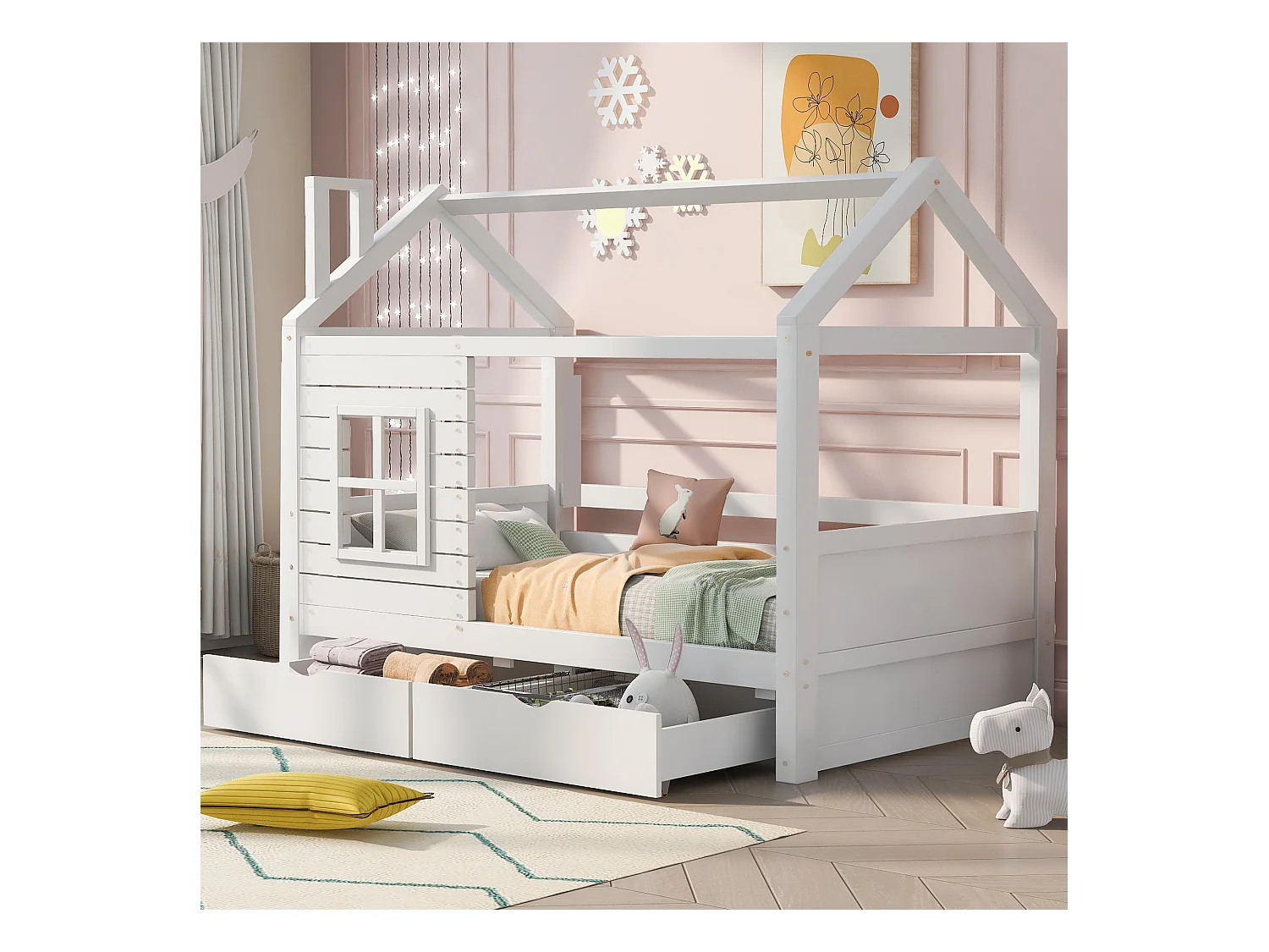 Lit Maison Enfant 90x200 cm avec Protection Contre la Chute, Bois Massif, Blanc, Fenêtre et Sommier Inclus
