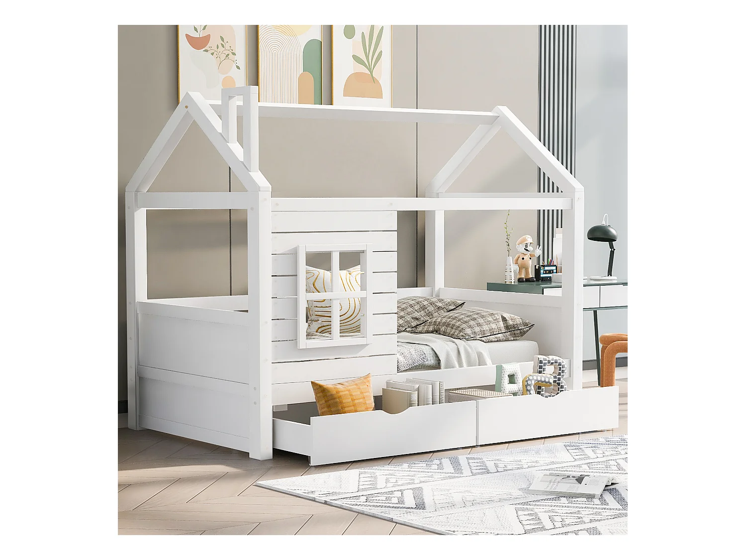 Lit Maison Enfant 90x200 cm avec Protection Contre la Chute, Bois Massif, Blanc, Fenêtre et Sommier Inclus