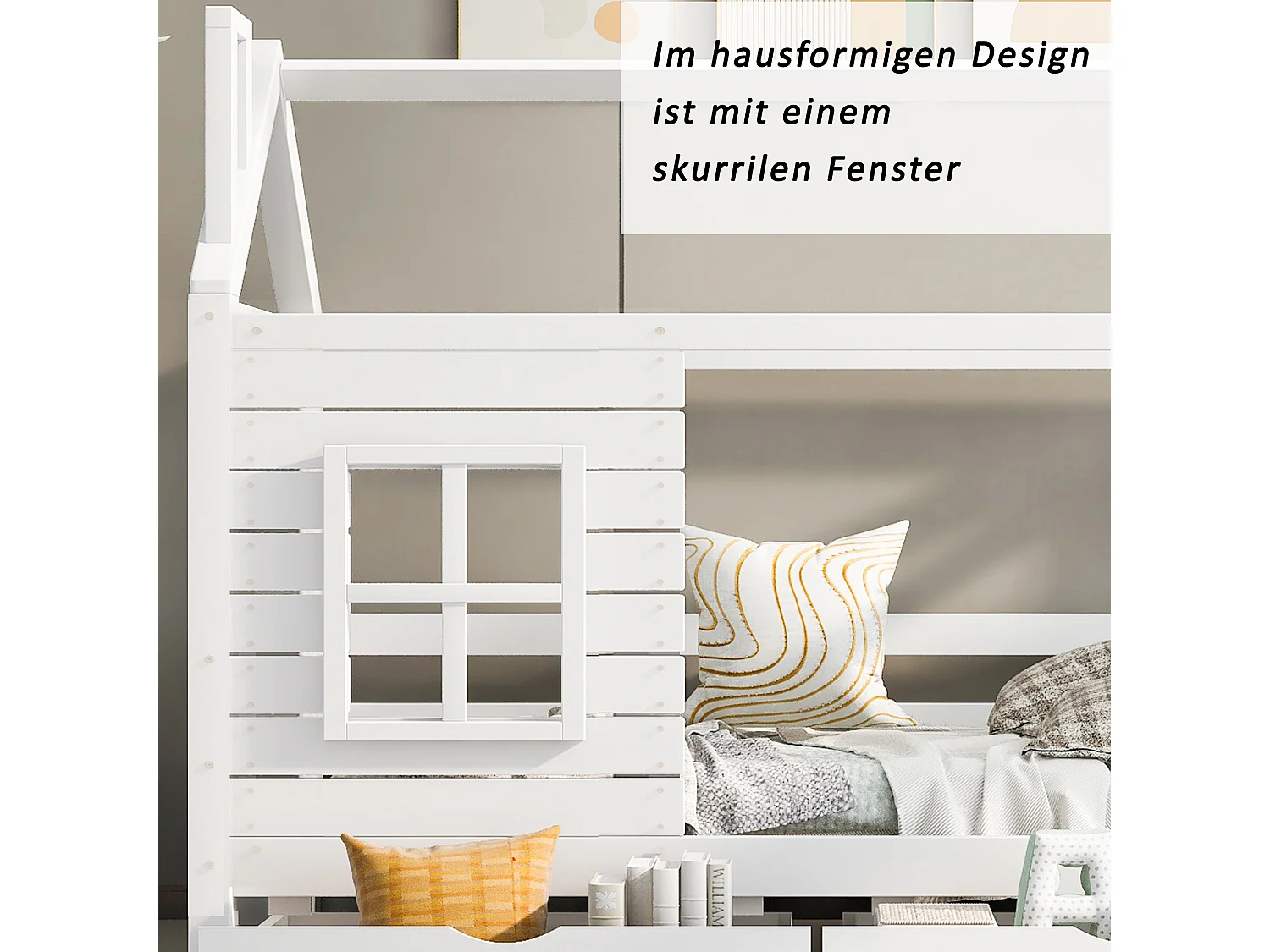 Letto a casetta per bambini 90x200 cm con protezione anticaduta, in legno massello, bianco, finestra e rete incluse