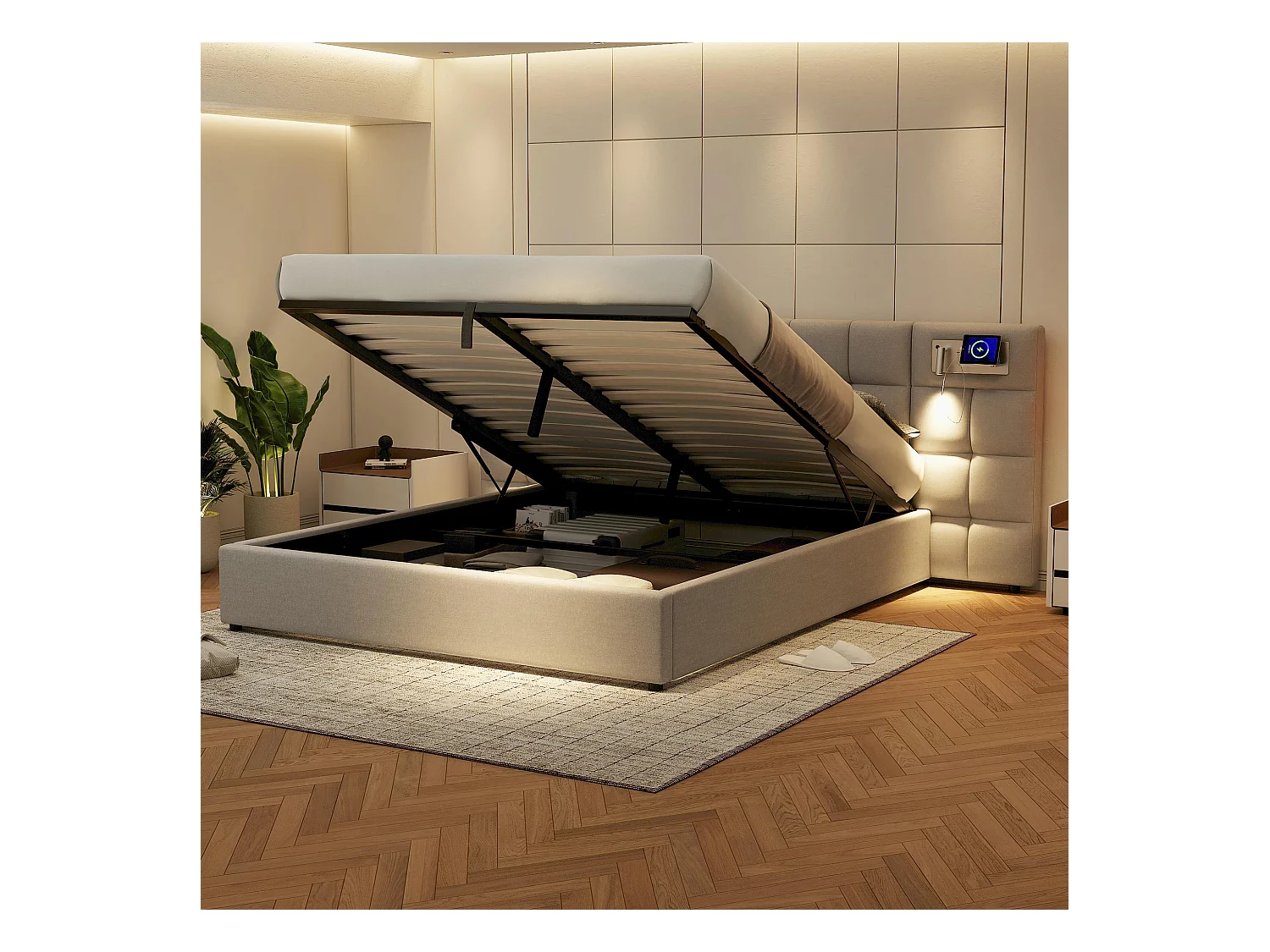 Lit rembourré 180 x 200 cm, avec port USB, recharge sans fil, éclairage LED et stockage, hydraulique, en lin, gris (180 x 200 x 75 cm)