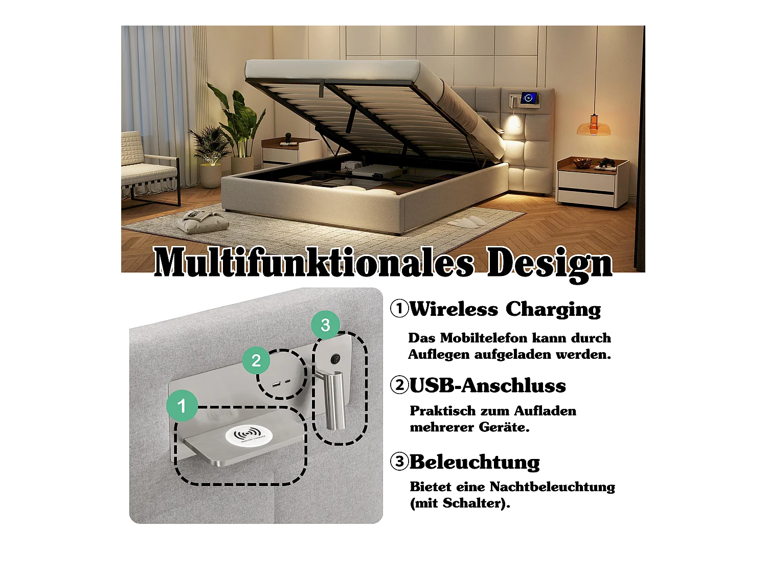 Lit rembourré 180 x 200 cm, avec port USB, recharge sans fil, éclairage LED et stockage, hydraulique, en lin, gris (180 x 200 x 75 cm)