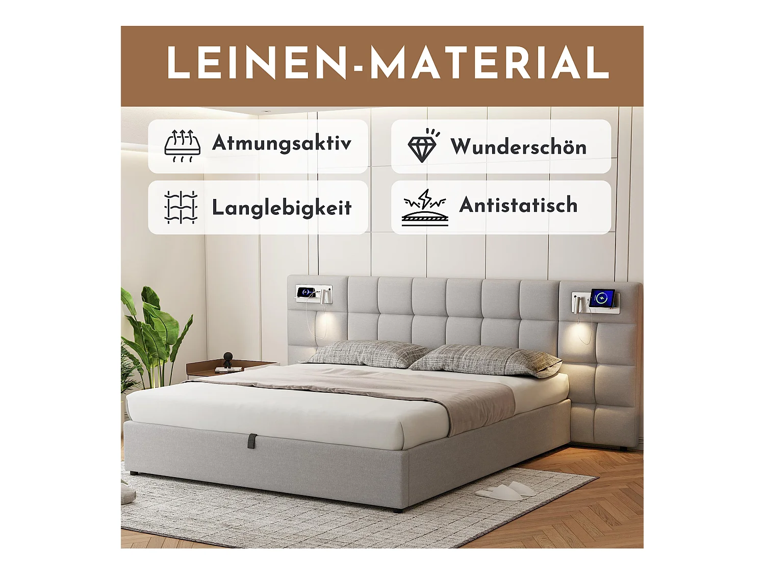 Lit rembourré 180 x 200 cm, avec port USB, recharge sans fil, éclairage LED et stockage, hydraulique, en lin, gris (180 x 200 x 75 cm)