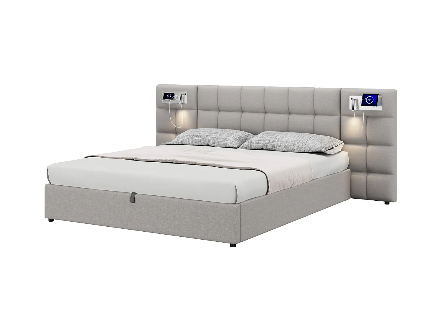 Lit rembourré 180 x 200 cm, avec port USB, recharge sans fil, éclairage LED et stockage, hydraulique, en lin, gris (180 x 200 x 75 cm)
