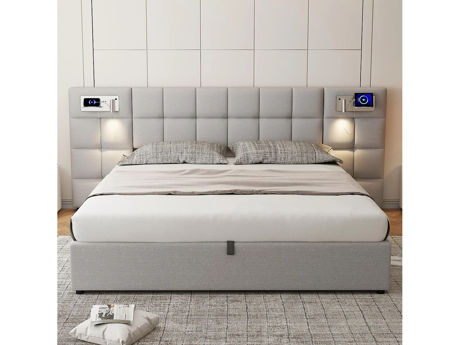 Lit rembourré 180 x 200 cm, avec port USB, recharge sans fil, éclairage LED et stockage, hydraulique, en lin, gris (180 x 200 x 75 cm)