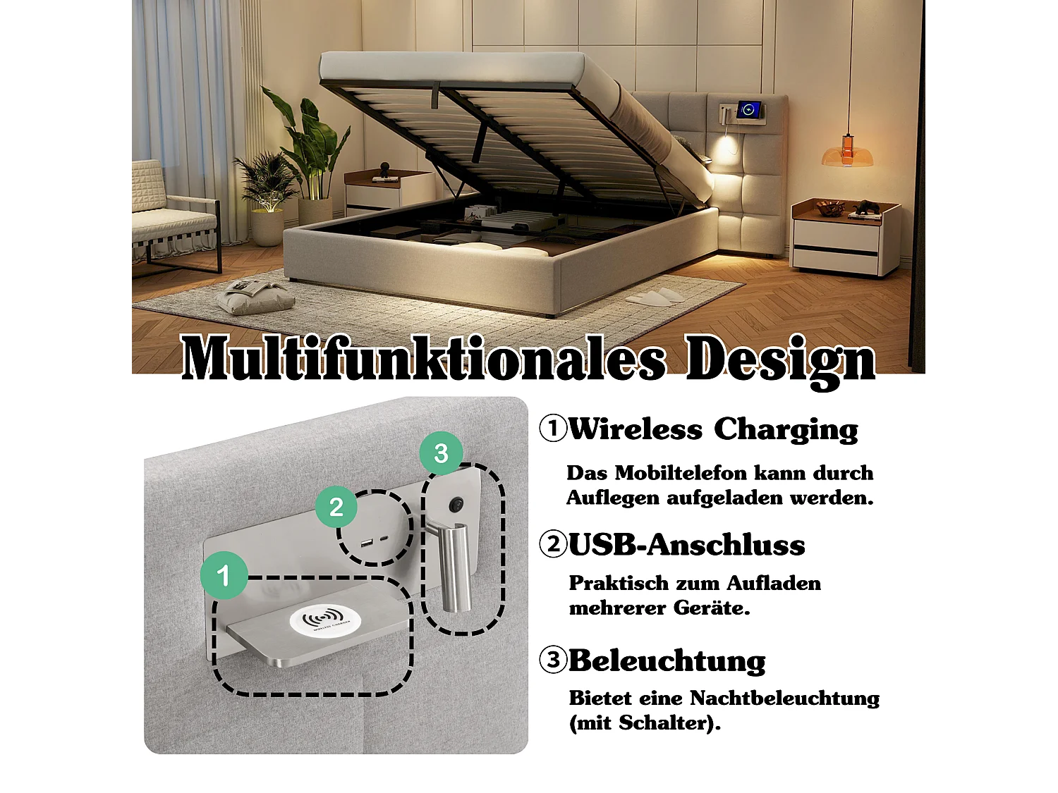 Lit rembourré 180 x 200 cm, avec port USB, recharge sans fil, éclairage LED et stockage, hydraulique, en lin, gris (180 x 200 x 75 cm)