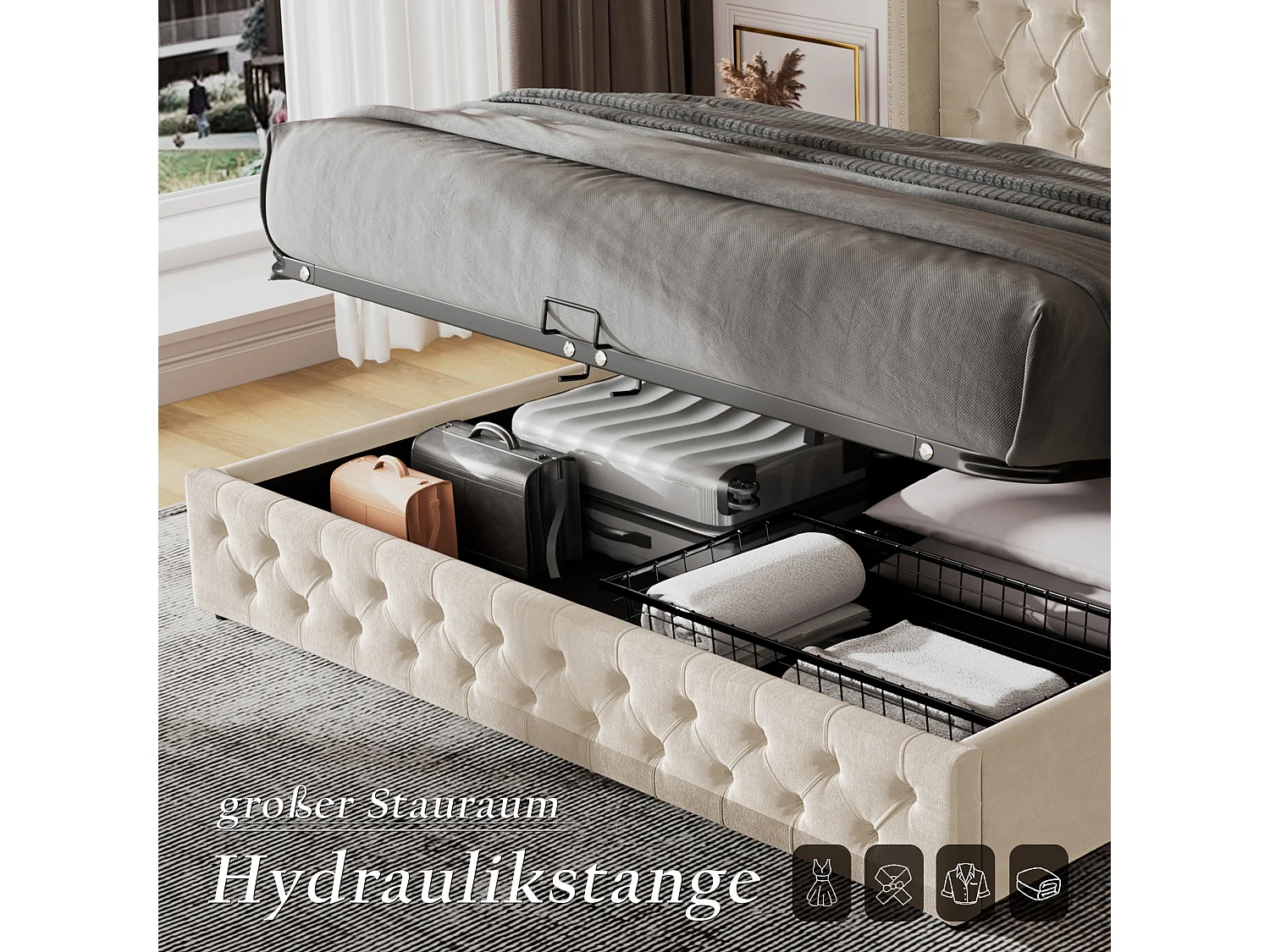 Lit capitonné avec rangement, style Chesterfield, velours beige, 140x200 cm, hydraulique, avec 2 tiroirs