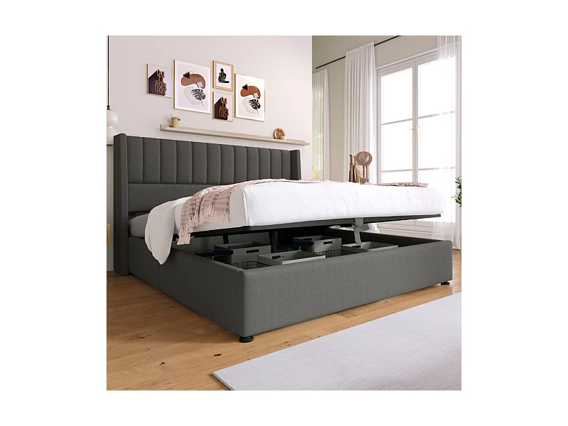 Lit double avec rangement hydraulique, lin, gris, sommier bois et métal (214.5x153x113cm)