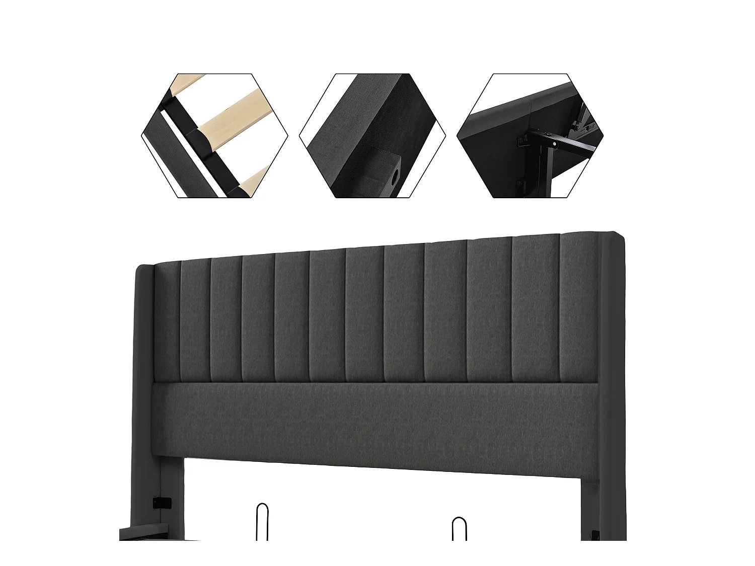 Lit double avec rangement hydraulique, lin, gris, sommier bois et métal (214.5x153x113cm)