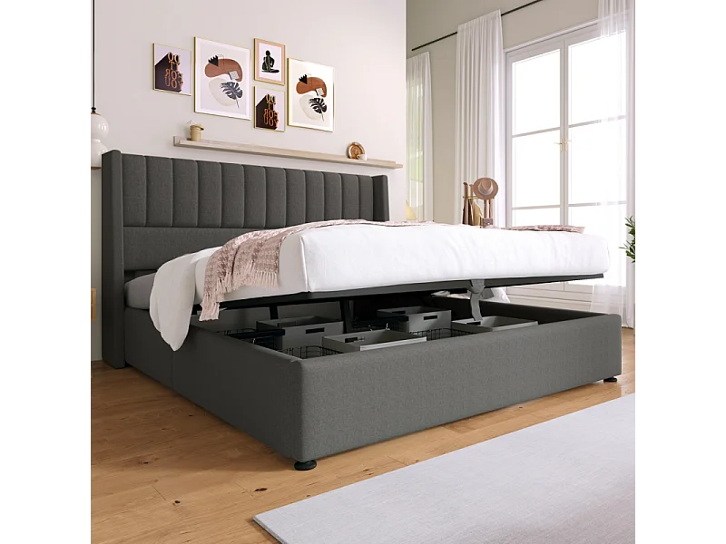 Lit double avec rangement hydraulique, lin, gris, sommier bois et métal (214.5x153x113cm)