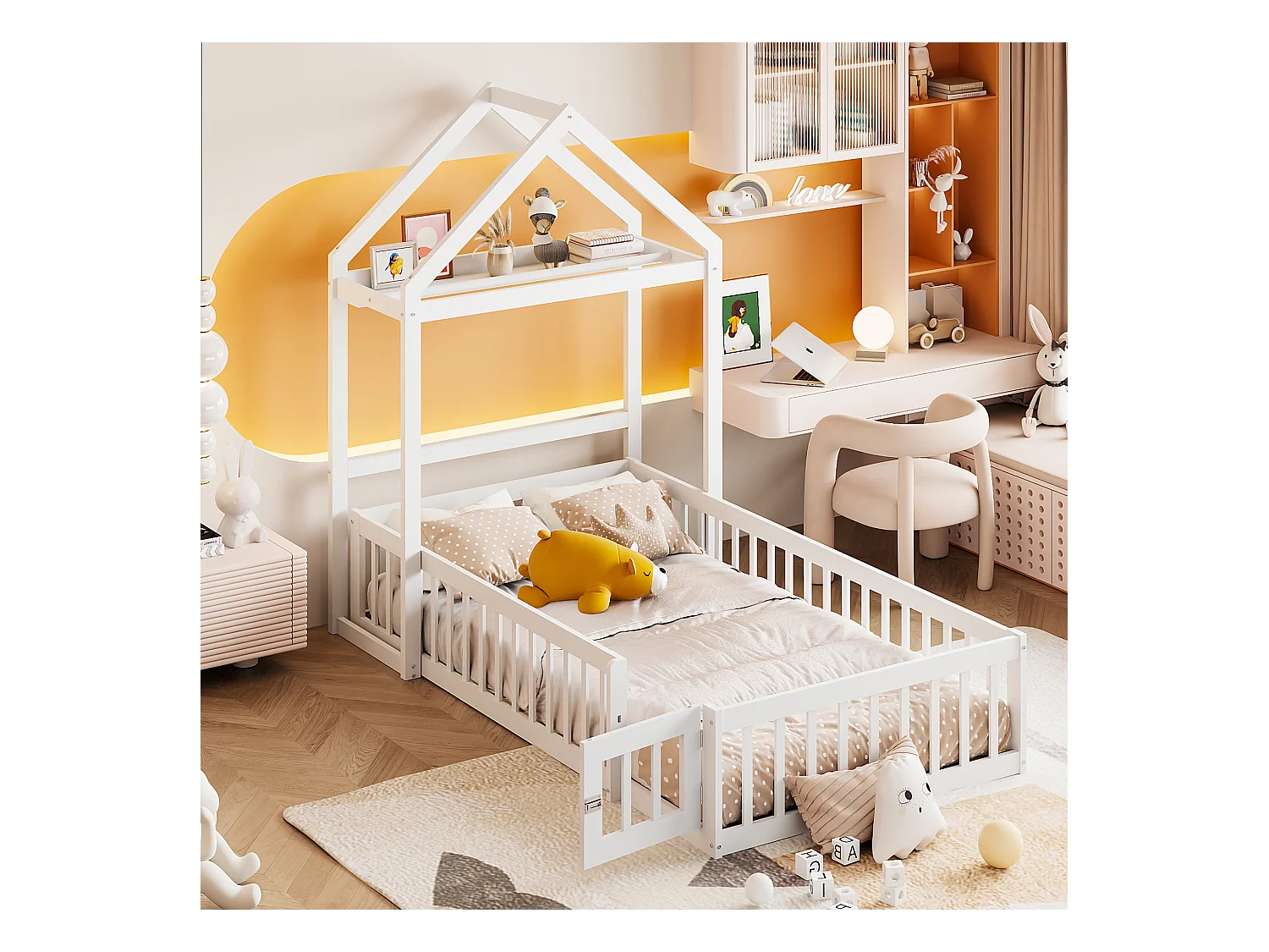 Lit enfant 90x200 cm en bois massif, avec rangement, protection complète, porte et sommier, blanc (206.5x104x174 cm)