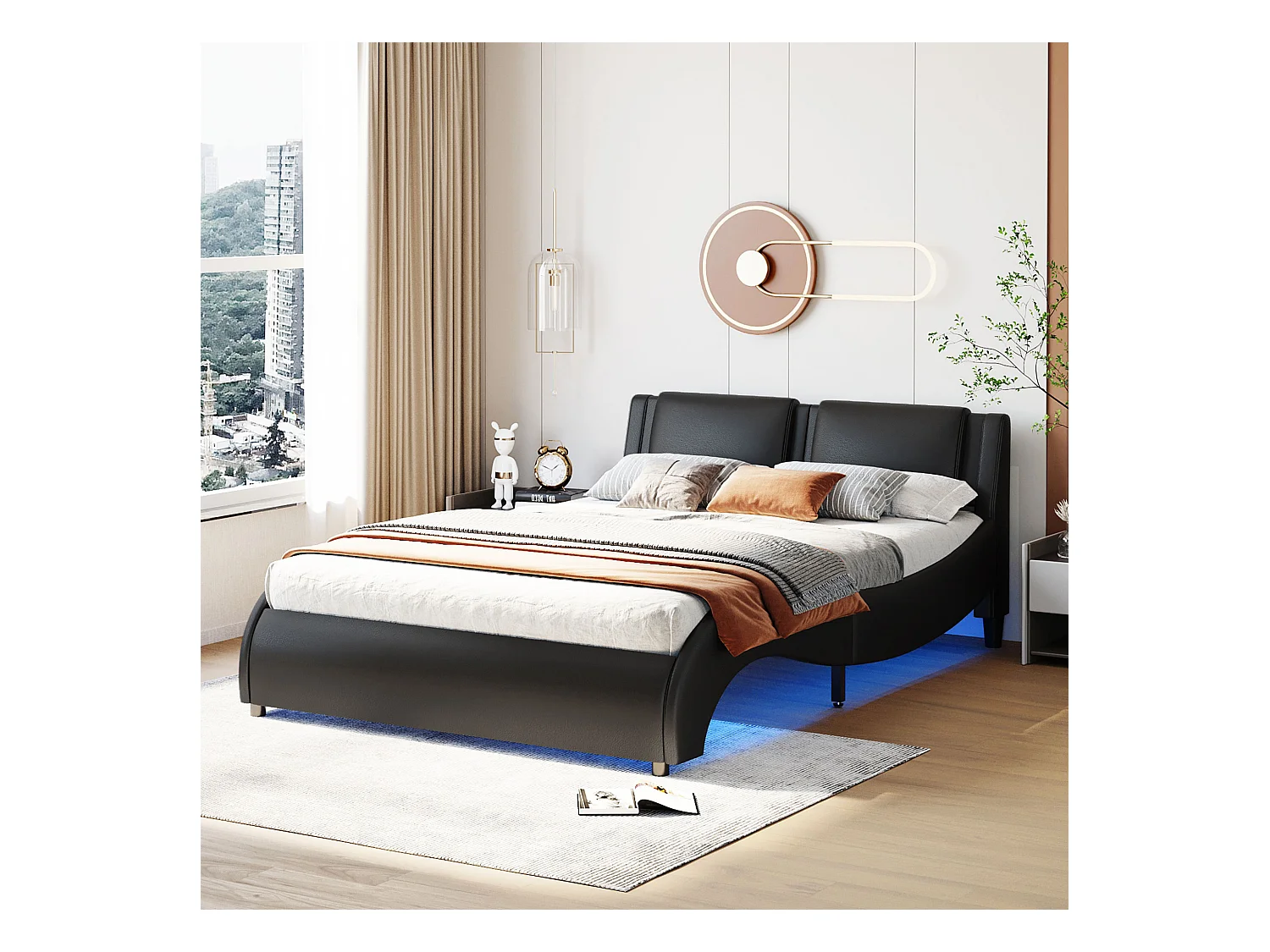 Zwart kunstlederen LED-gestoffeerd bed, MDF-frame met lattenbodem (217x148x112cm)