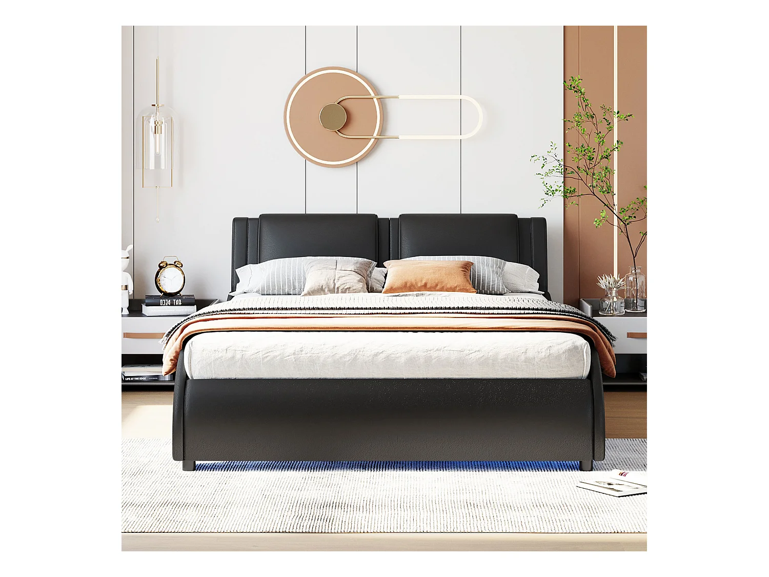 Zwart kunstlederen LED-gestoffeerd bed, MDF-frame met lattenbodem (217x148x112cm)