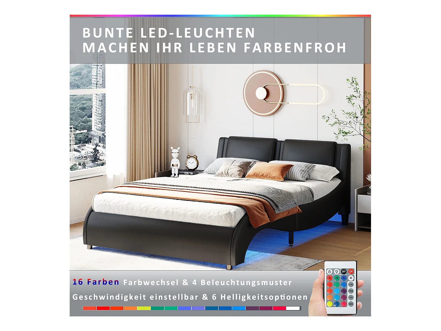 Zwart kunstlederen LED-gestoffeerd bed, MDF-frame met lattenbodem (217x148x112cm)