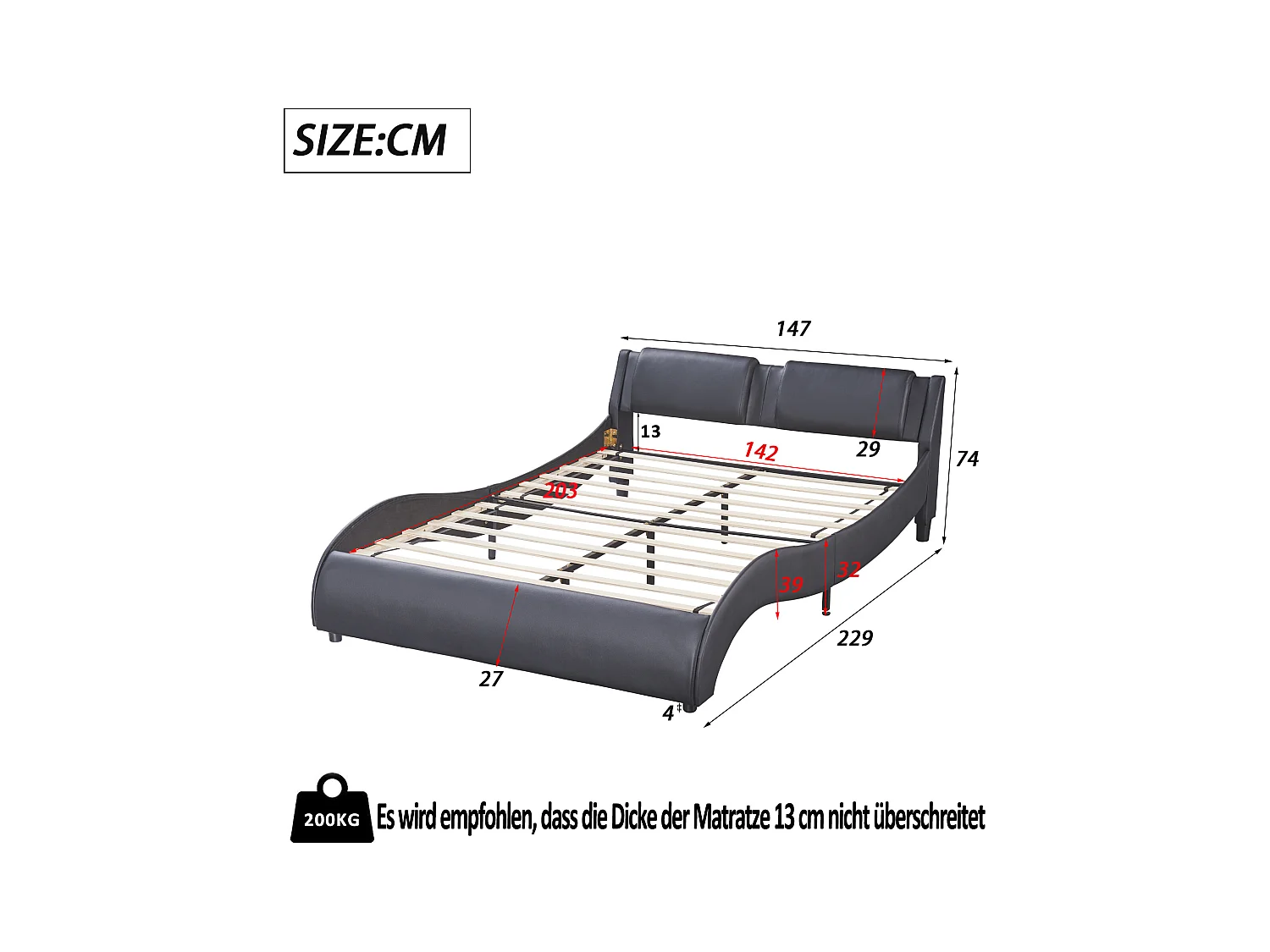 Zwart kunstlederen LED-gestoffeerd bed, MDF-frame met lattenbodem (217x148x112cm)