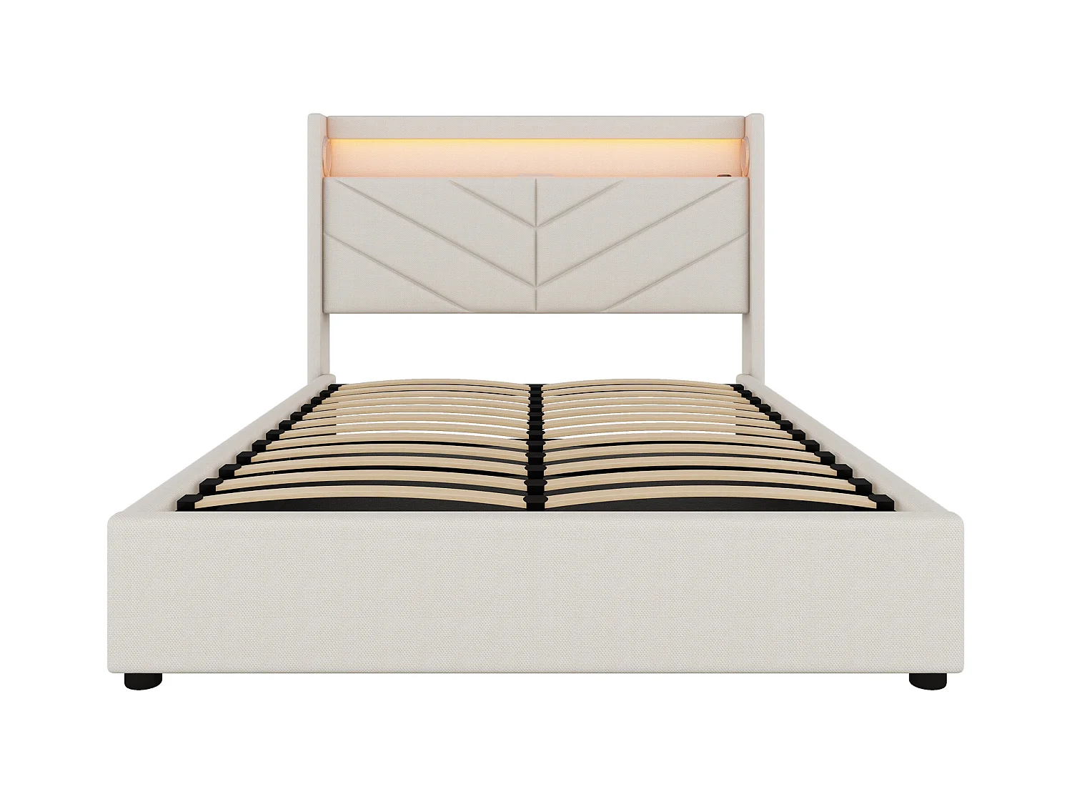 Lit avec éclairage LED, 140x190 cm, avec 4 tiroirs, haut-parleurs et USB, tissu lin, Beige (205x150.5x112.5 cm)