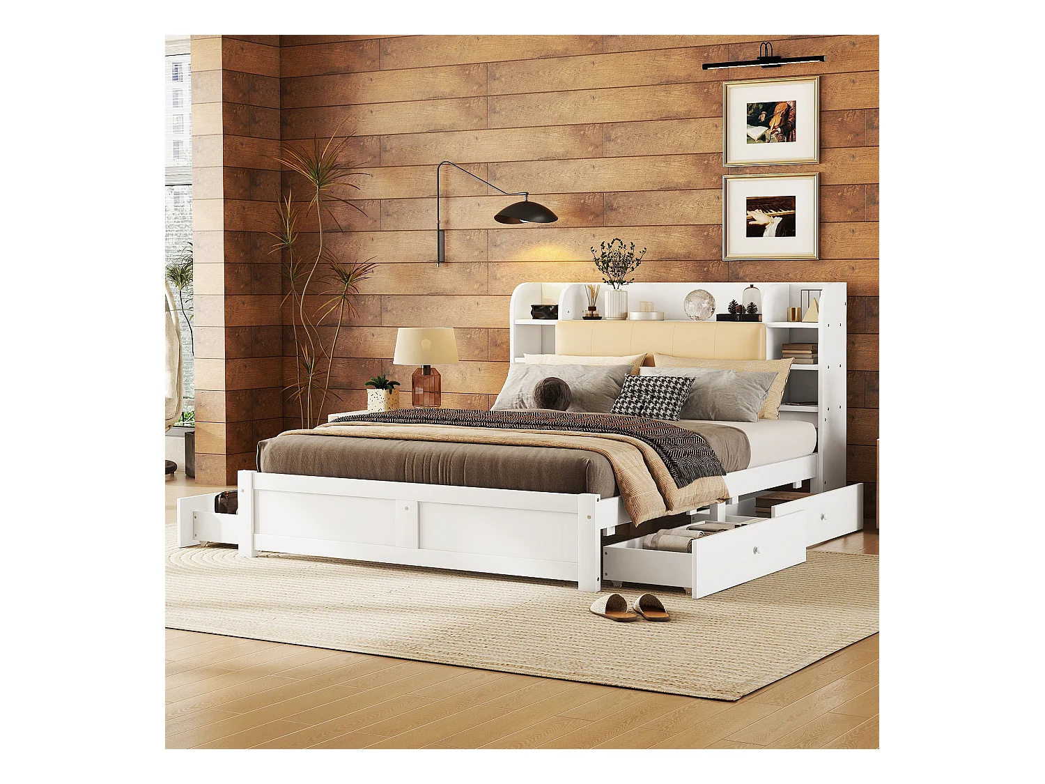 Lit plat 160x200 cm, tête de lit partiellement rabattable, 4 tiroirs, plusieurs compartiments, pin, blanc (226x167.5x110 cm)