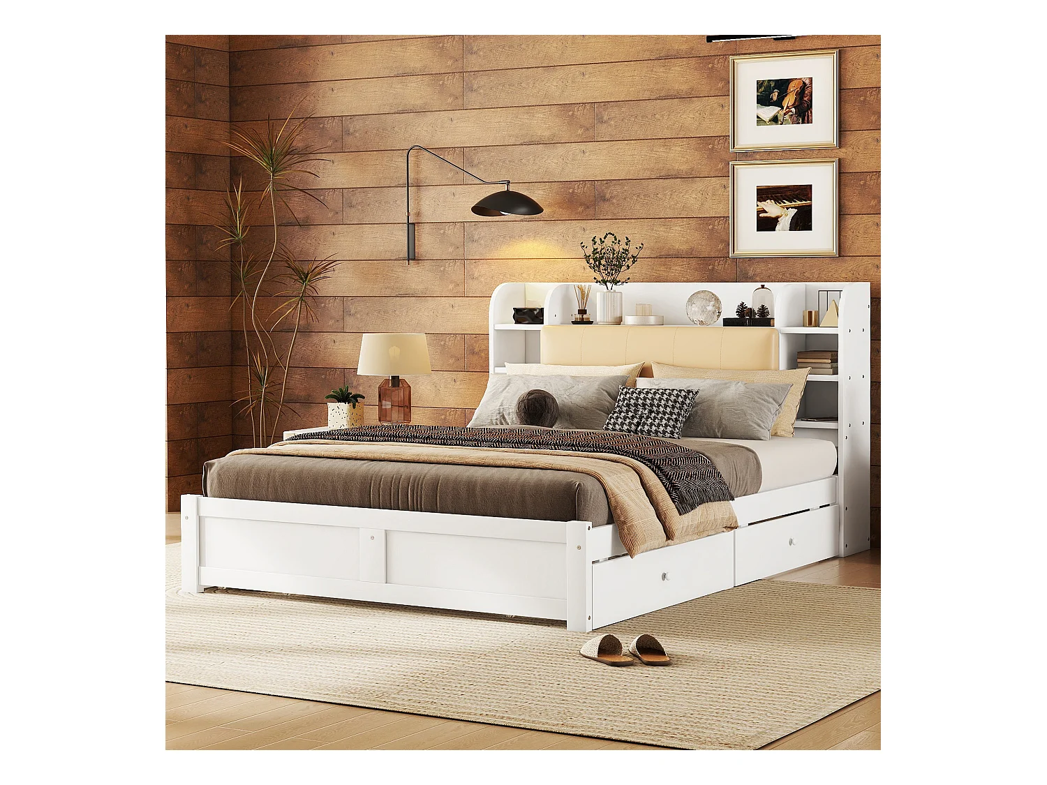 Lit plat 160x200 cm, tête de lit partiellement rabattable, 4 tiroirs, plusieurs compartiments, pin, blanc (226x167.5x110 cm)