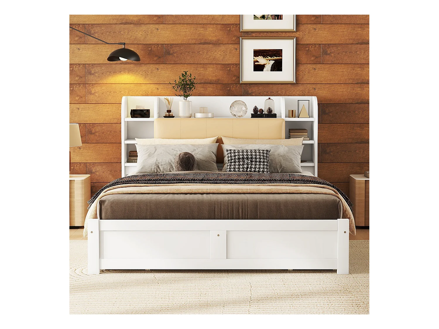 Lit plat 160x200 cm, tête de lit partiellement rabattable, 4 tiroirs, plusieurs compartiments, pin, blanc (226x167.5x110 cm)