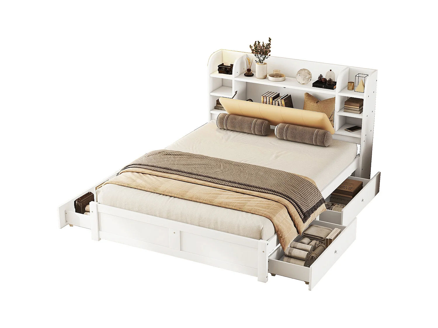 Lit plat 160x200 cm, tête de lit partiellement rabattable, 4 tiroirs, plusieurs compartiments, pin, blanc (226x167.5x110 cm)