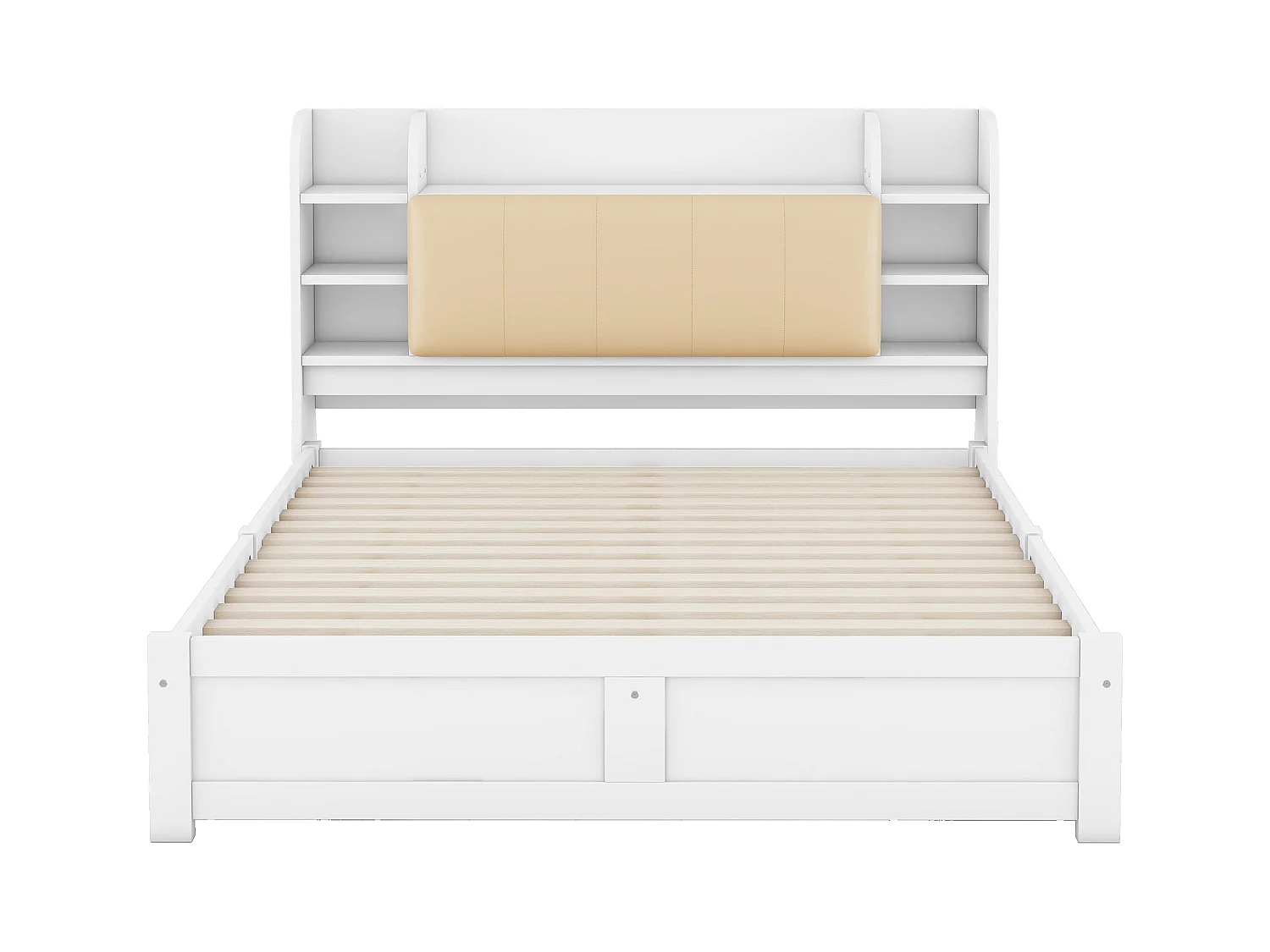 Lit plat 160x200 cm, tête de lit partiellement rabattable, 4 tiroirs, plusieurs compartiments, pin, blanc (226x167.5x110 cm)