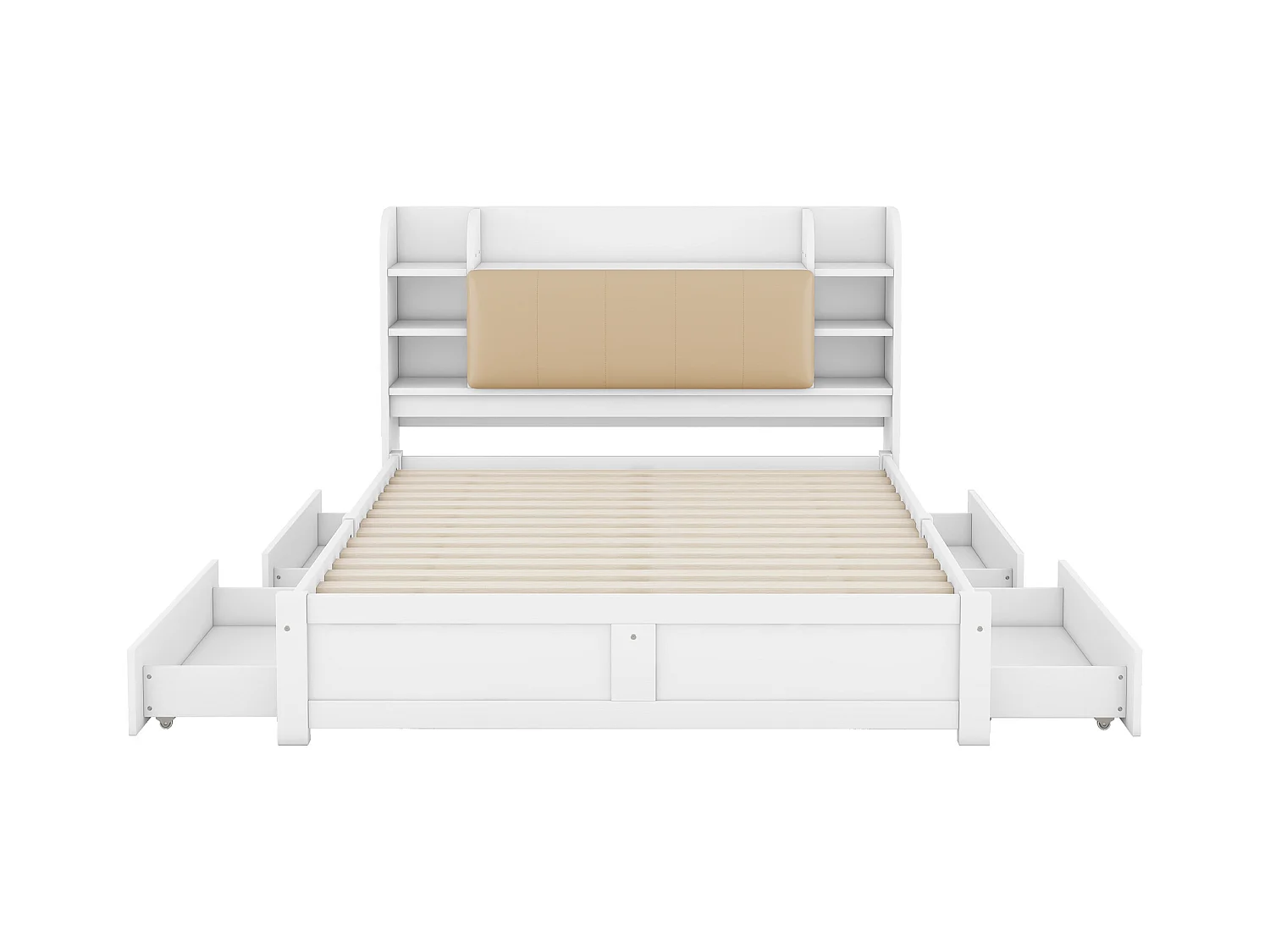 Lit plat 160x200 cm, tête de lit partiellement rabattable, 4 tiroirs, plusieurs compartiments, pin, blanc (226x167.5x110 cm)