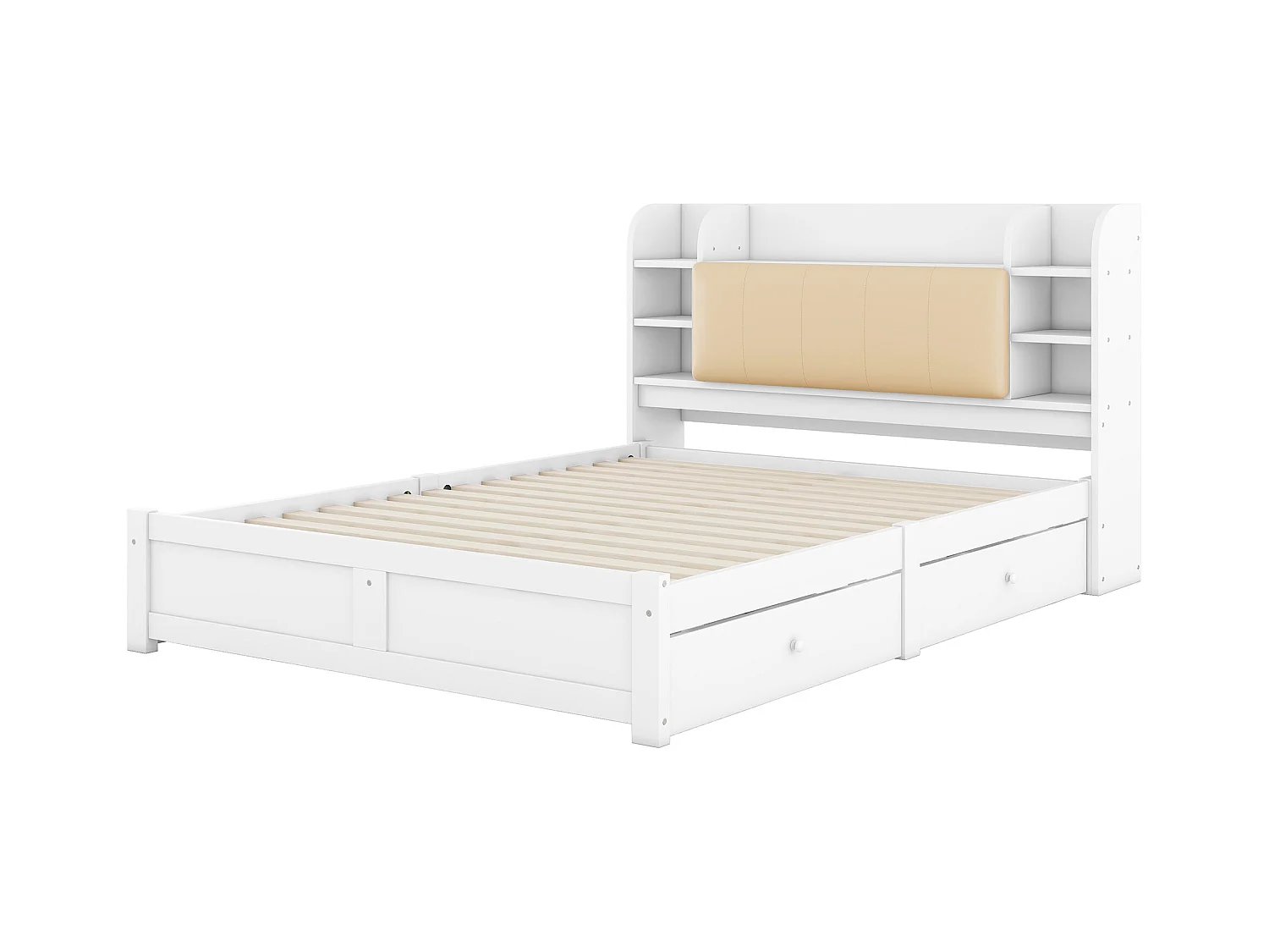 Lit plat 160x200 cm, tête de lit partiellement rabattable, 4 tiroirs, plusieurs compartiments, pin, blanc (226x167.5x110 cm)