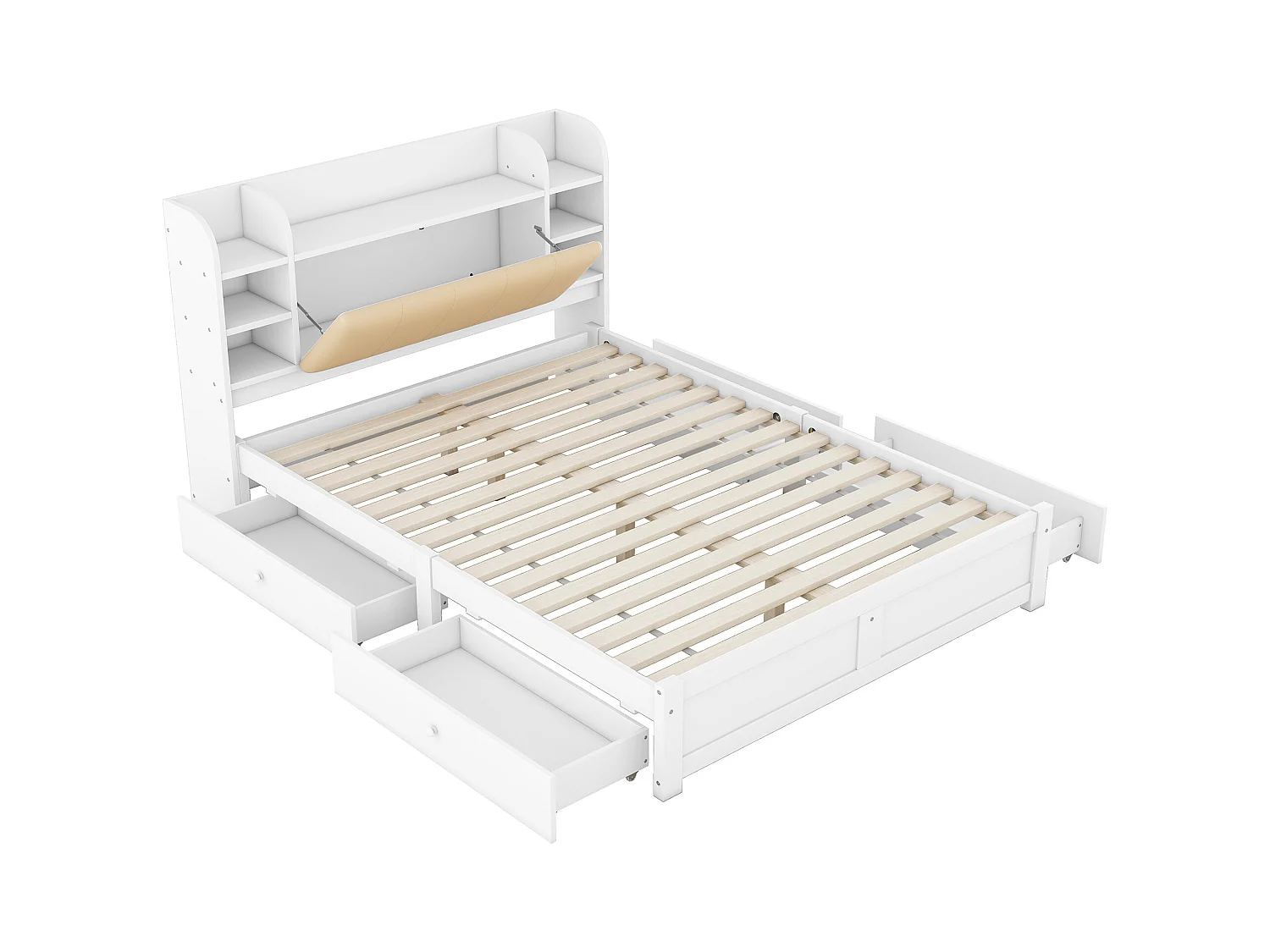 Lit plat 160x200 cm, tête de lit partiellement rabattable, 4 tiroirs, plusieurs compartiments, pin, blanc (226x167.5x110 cm)