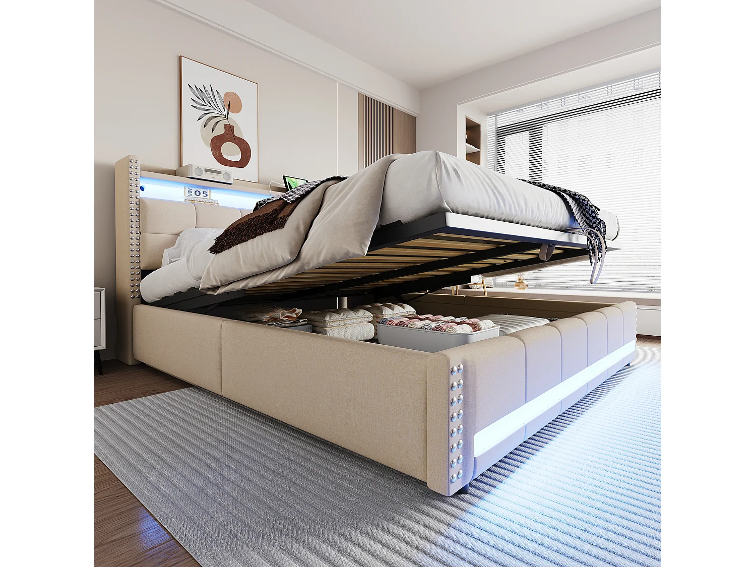 Cama 180x200 cm con cajones, cama polipiel sin cabecero, con iluminación LED, plataforma metálica (200x140x32 cm)