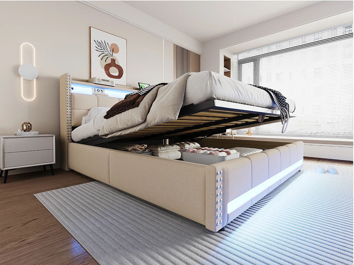 Cama 180x200 cm con cajones, cama polipiel sin cabecero, con iluminación LED, plataforma metálica (200x140x32 cm)