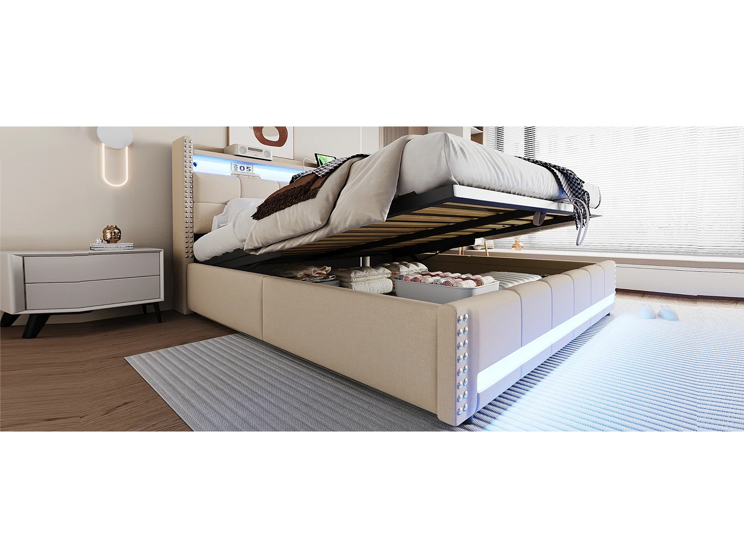 Cama 180x200 cm con cajones, cama polipiel sin cabecero, con iluminación LED, plataforma metálica (200x140x32 cm)