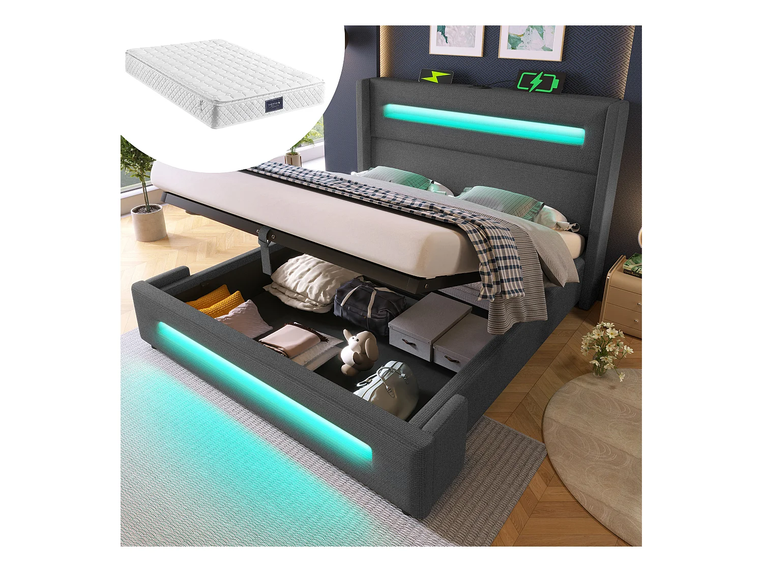 Lit 160x200 cm avec tête de lit de rangement, ports USB et Type-C, éclairage LED, stockage hydraulique, en lin gris (218x142x112 cm)