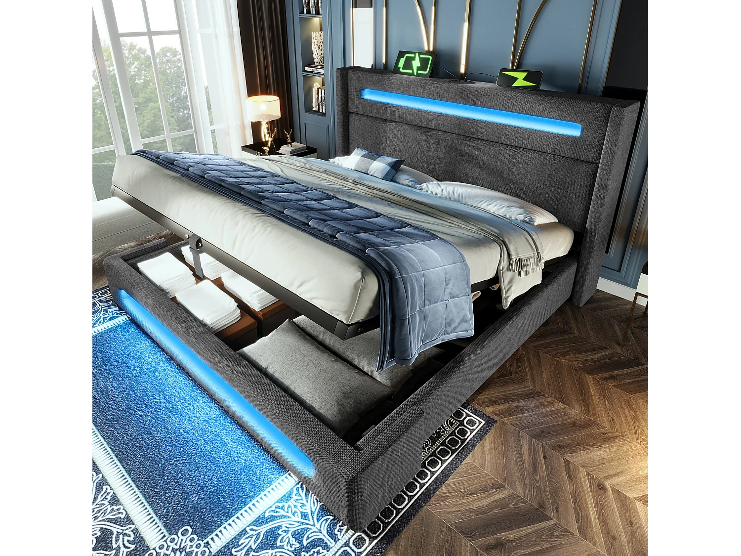 Letto 160x200 cm con testiera contenitore, porte USB e Type-C, illuminazione a LED, contenitore idraulico, in lino grigio (218x142x112 cm)