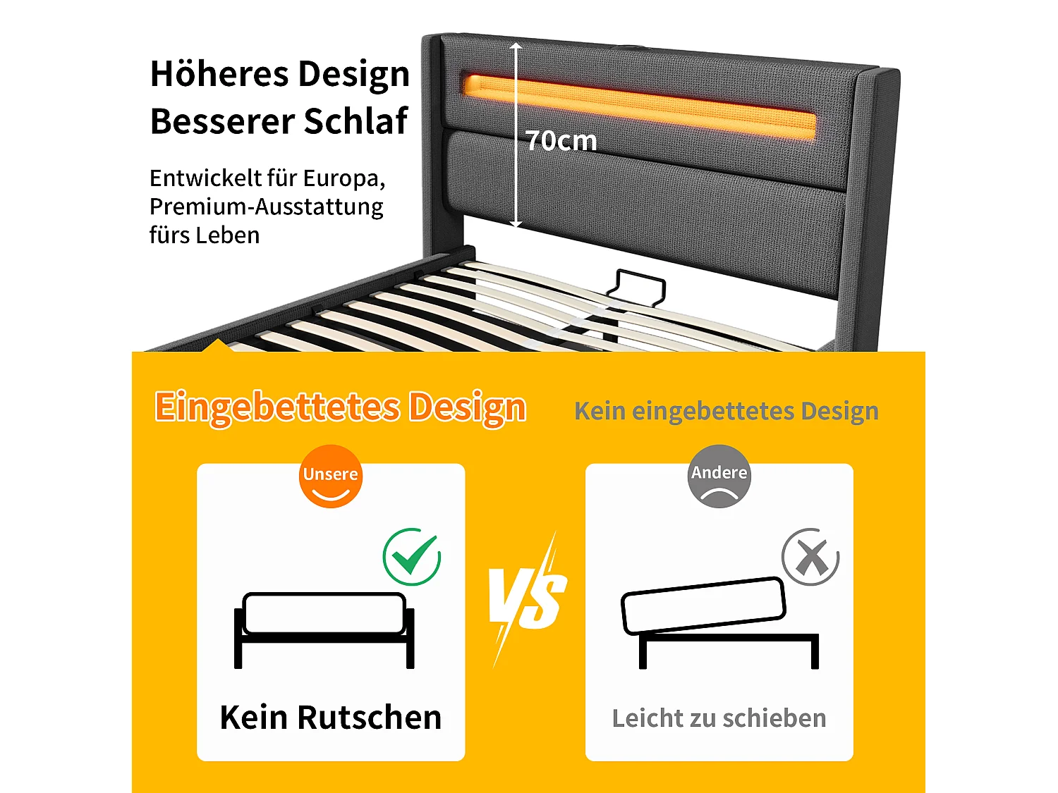 Letto 160x200 cm con testiera contenitore, porte USB e Type-C, illuminazione a LED, contenitore idraulico, in lino grigio (218x142x112 cm)